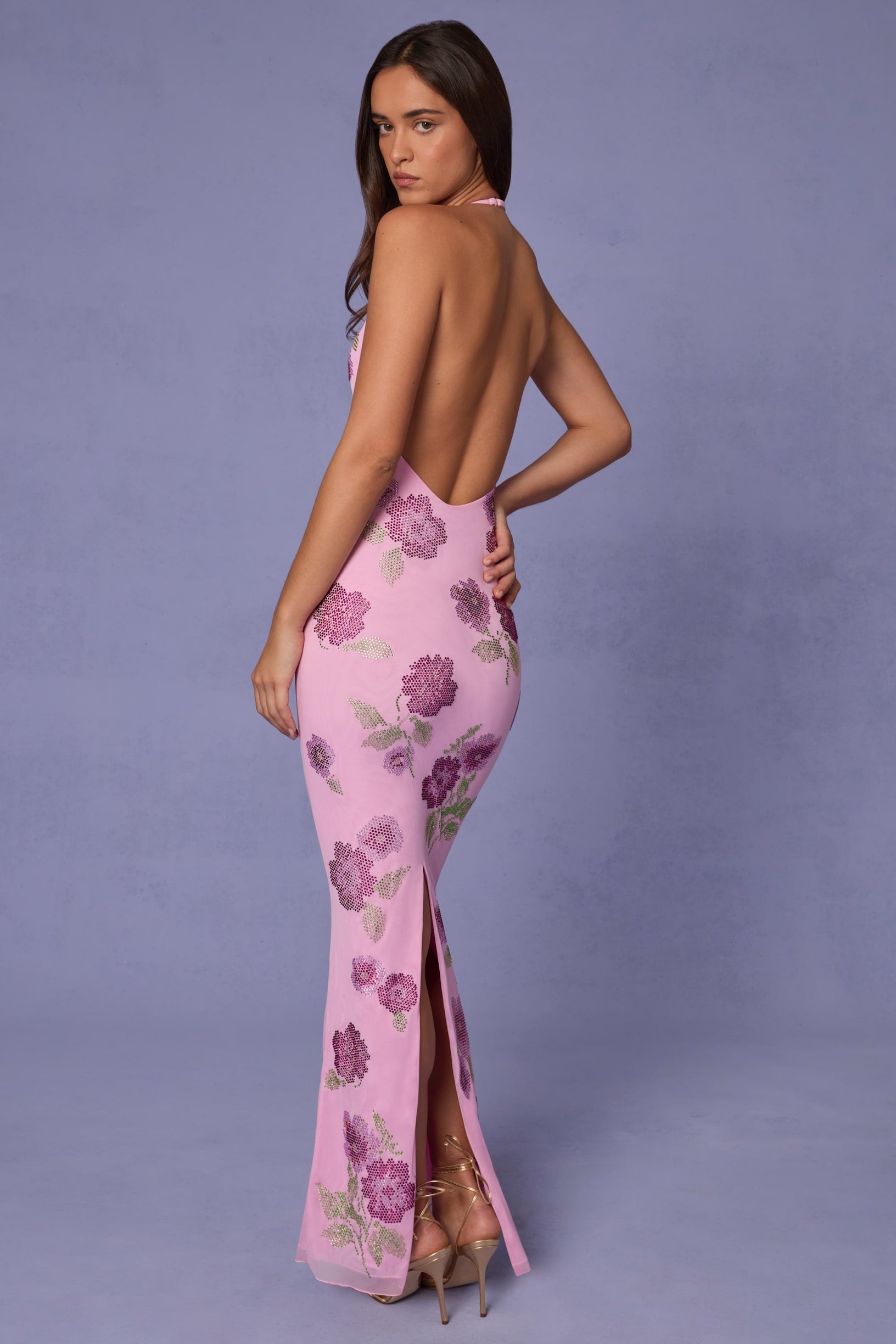Embellished Halterneck Maxi Dress in Soft Pink - 2