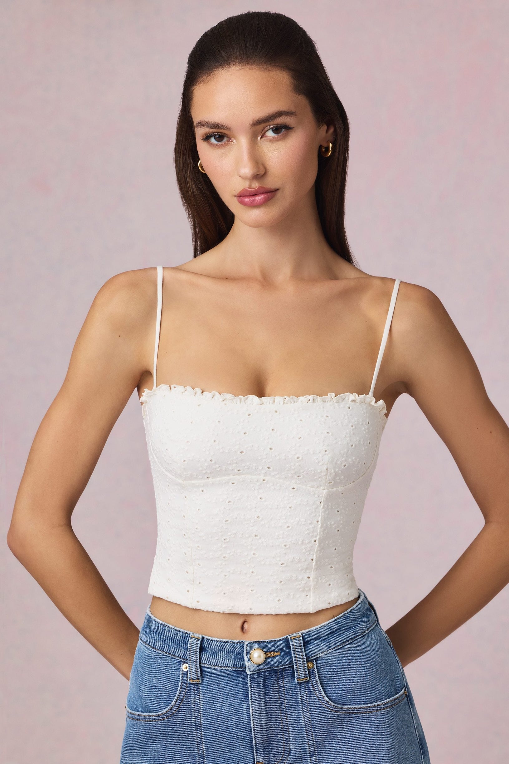 Modal Broderie Anglaise Camisole Top in White - 1