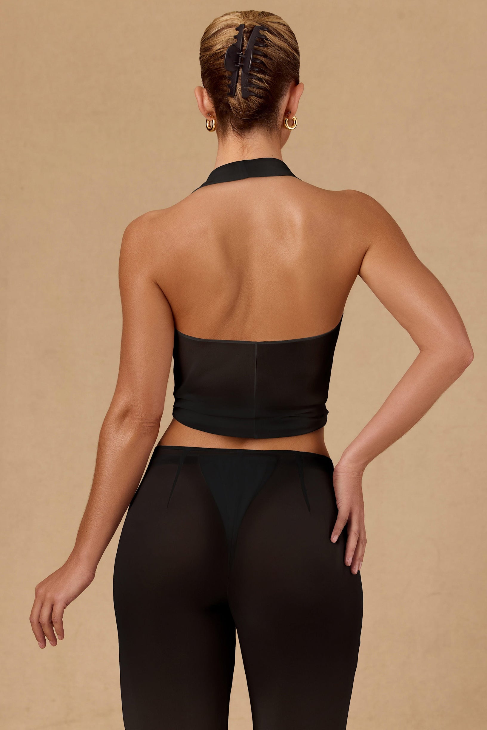 Tie-Front Halterneck Crop Top in Black - 2