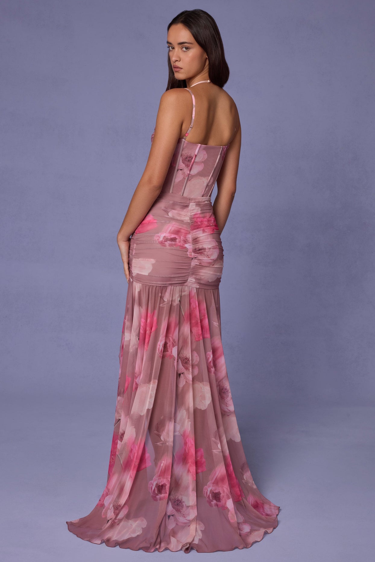 Ruched Asymmetric Corset Gown in Blurred Floral