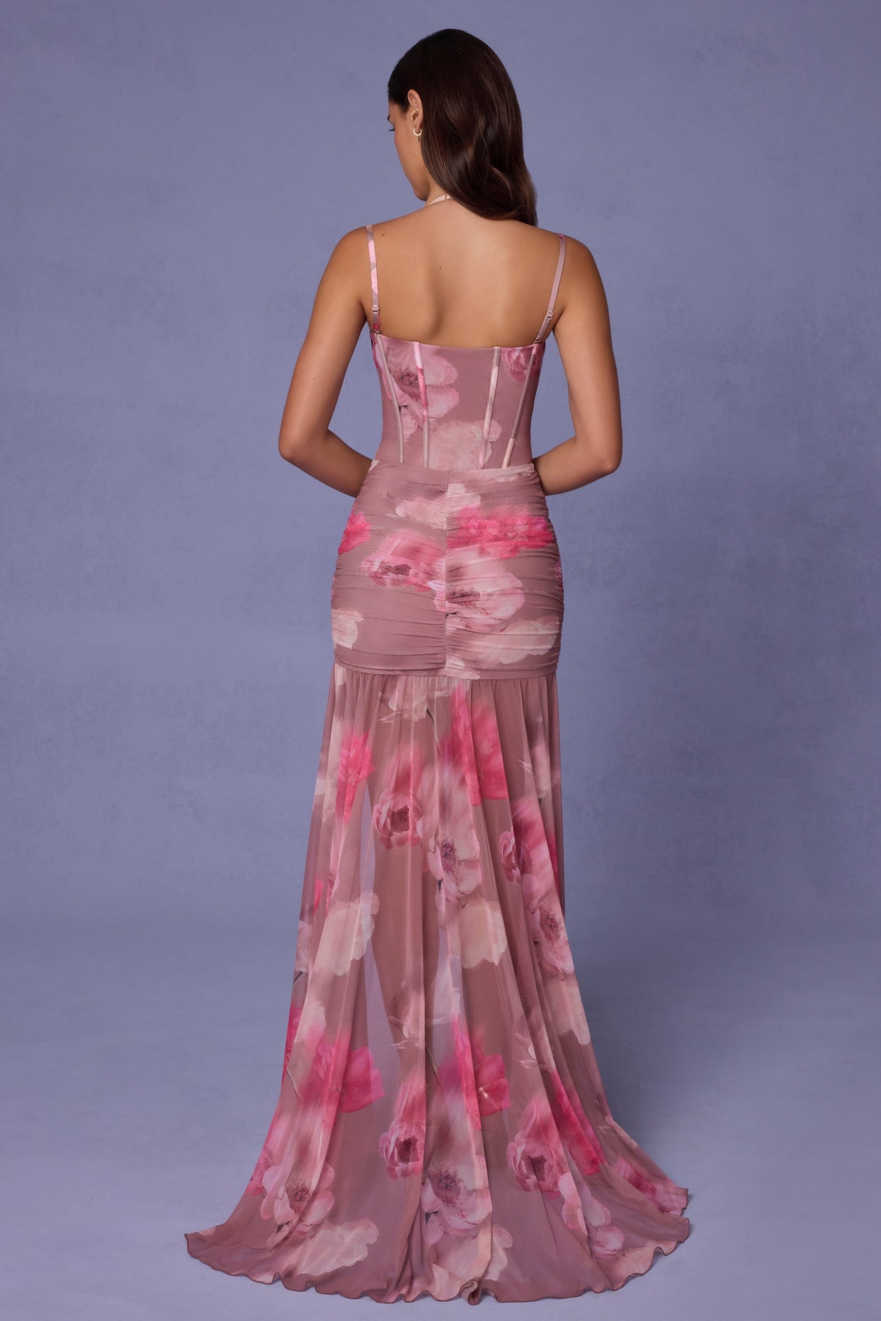 Ruched Asymmetric Corset Gown in Blurred Floral