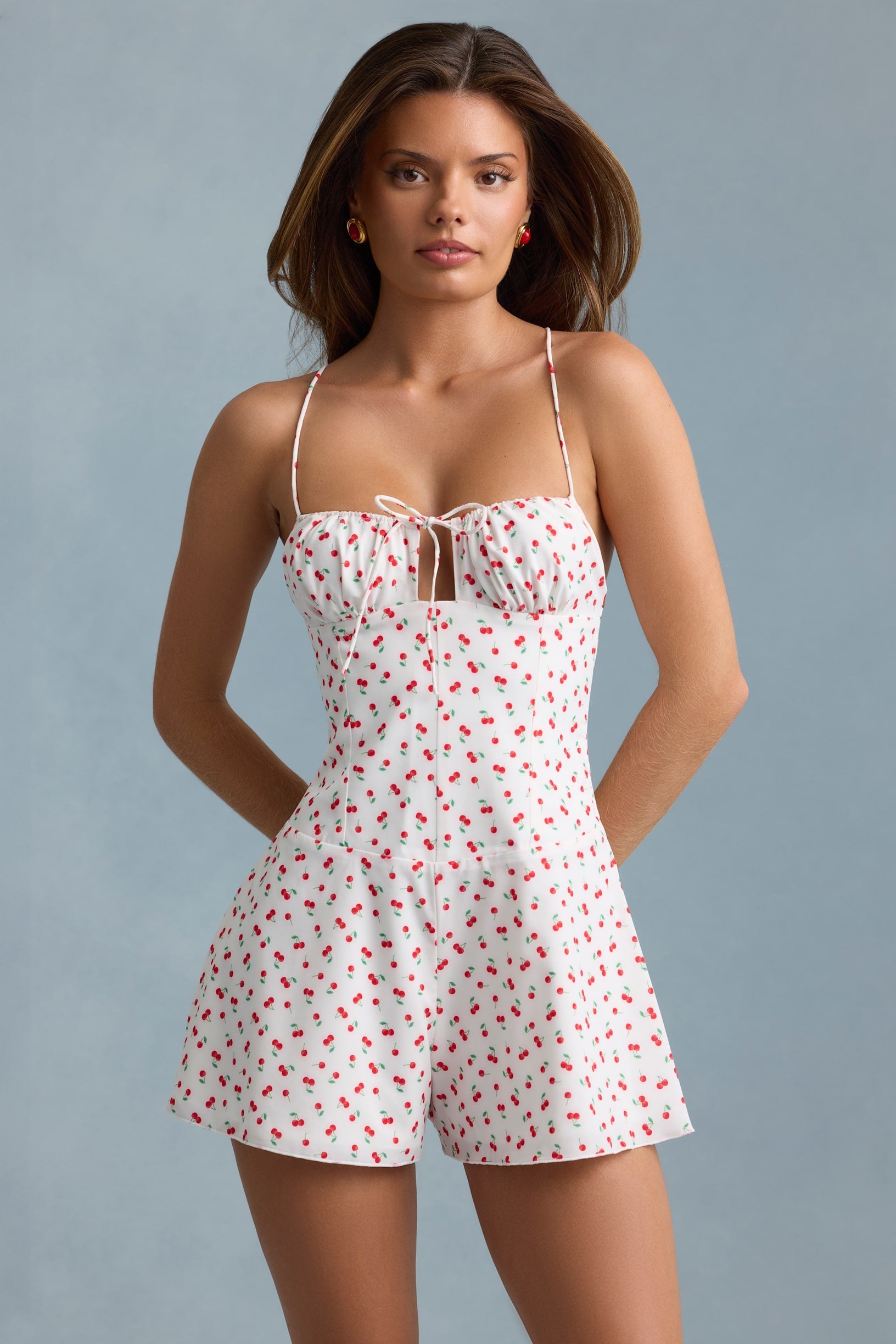 Ruched Backless Playsuit in Cherry Print - 1