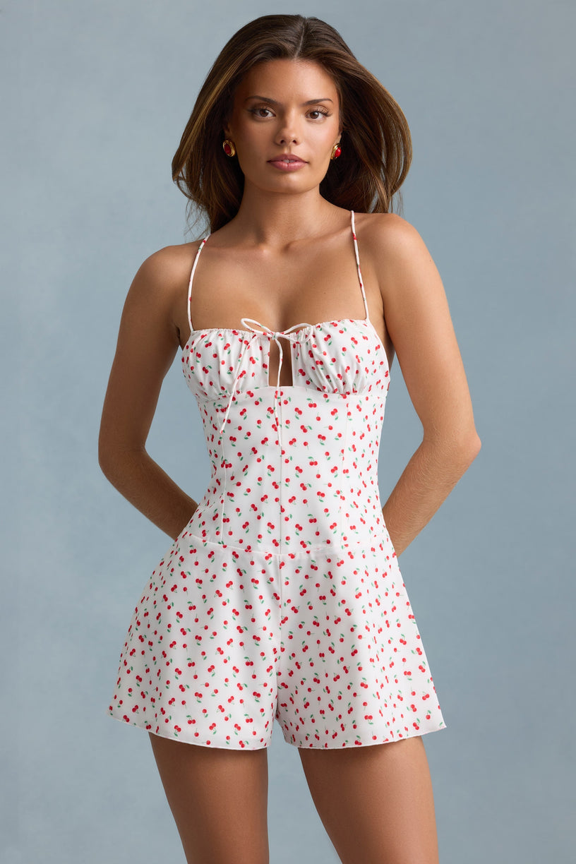 Ruched Backless Playsuit in Cherry Print - 1