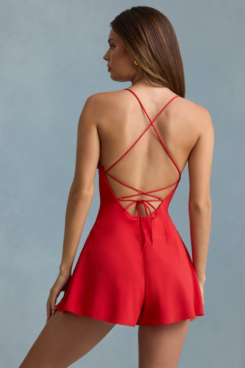 Ruched Backless Playsuit in Scarlet Red - 2