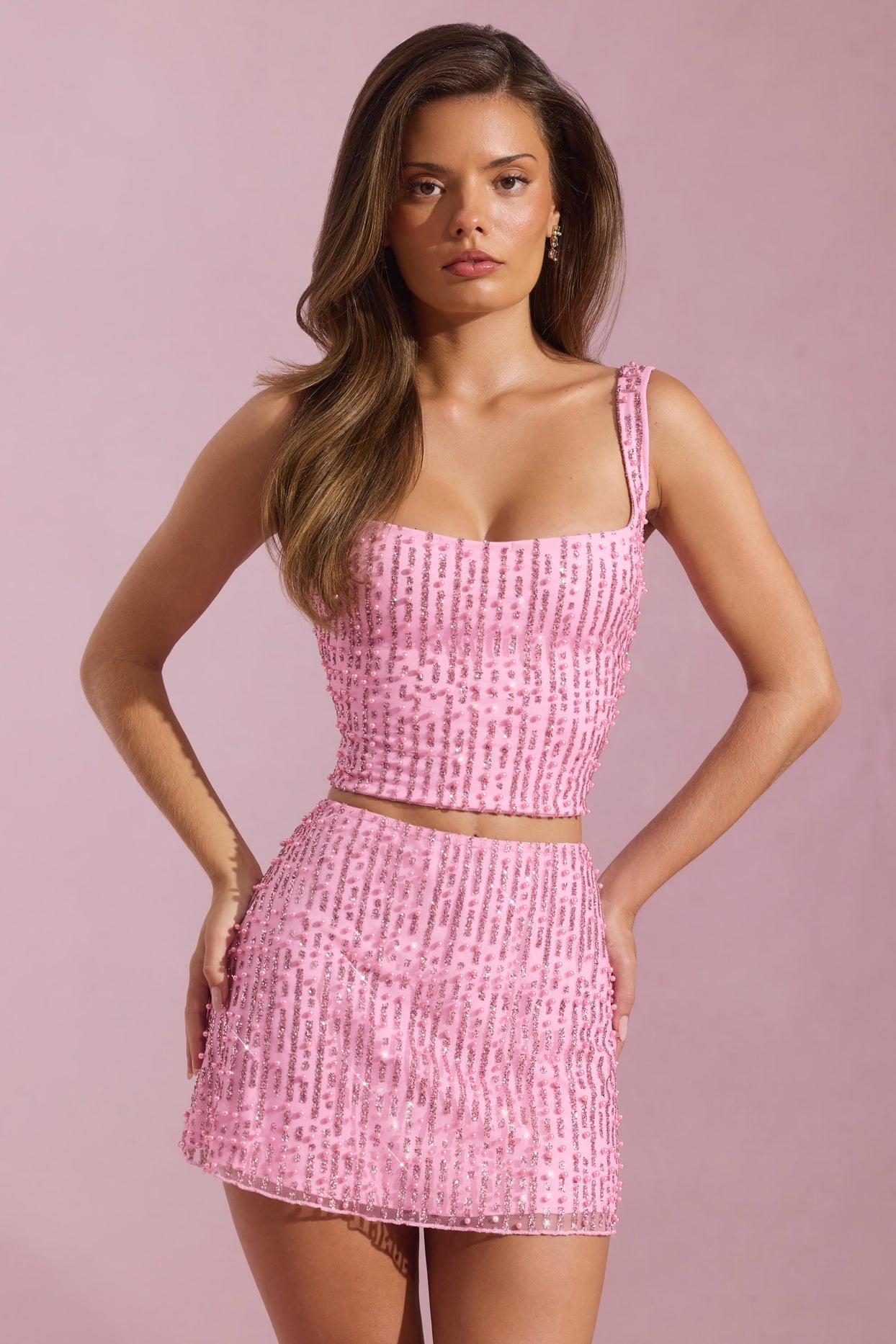Embellished Low-Rise Mini Skirt in Pink