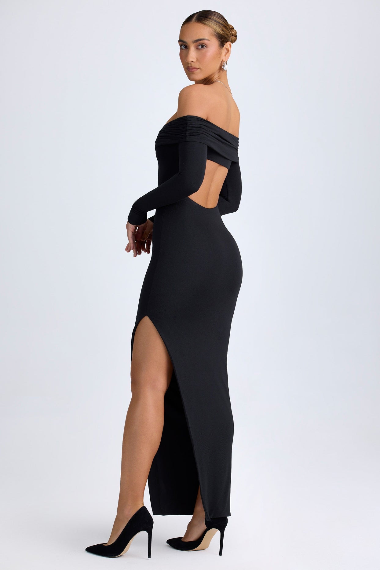 Modal Off-Shoulder Open-Back Maxi Dress in Black