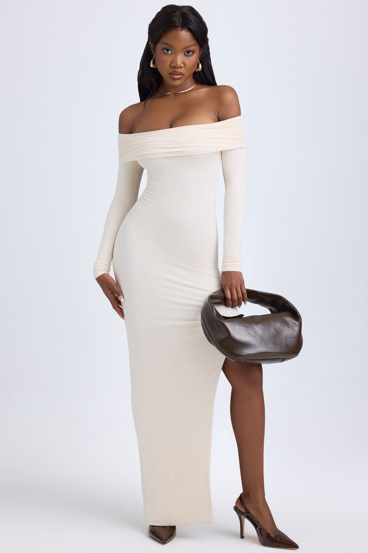 Elegant Casual White Dress Aria Cove Textured Boucle Knit Off The Shoulder Foldover Maxi Dress In Elegant Casual White Dress Aria Cove Textured Boucle Knit Off The Shoulder Foldover Maxi Dress In