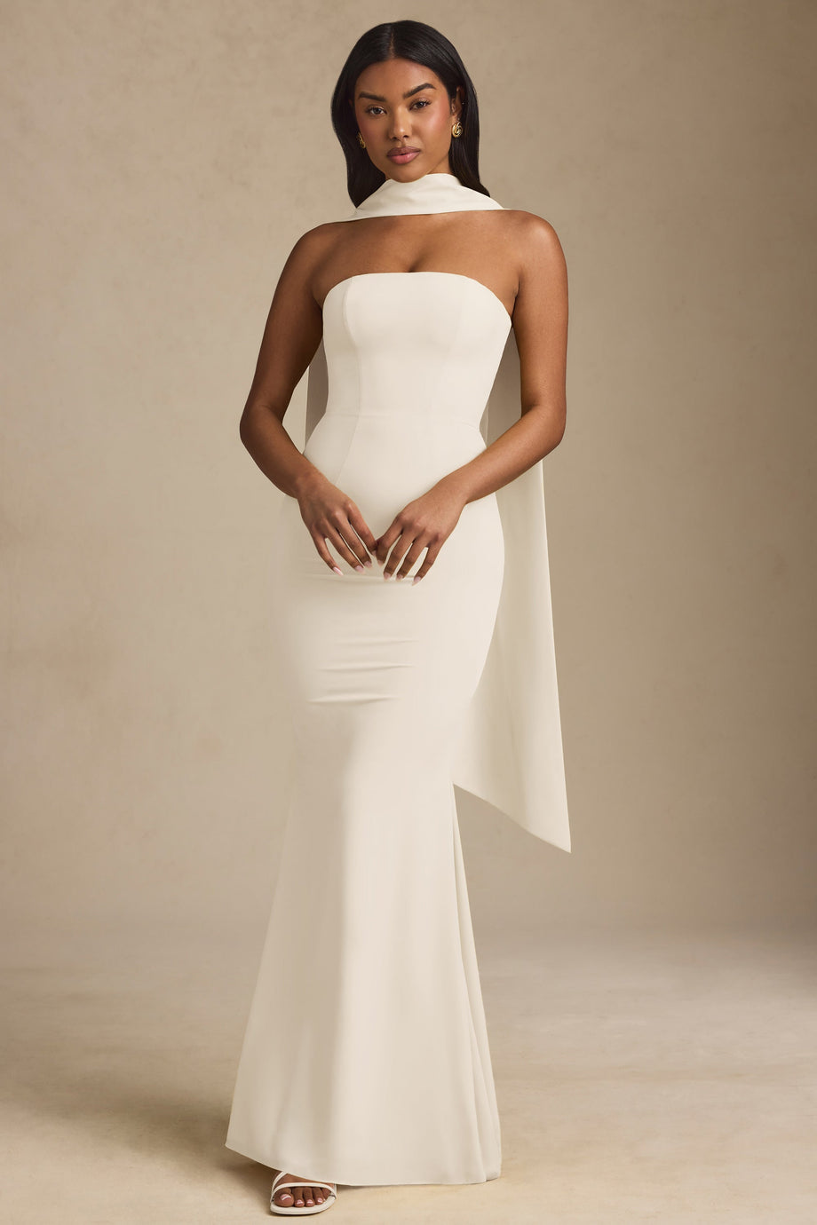Scarf-Detail Strapless Gown in Ivory