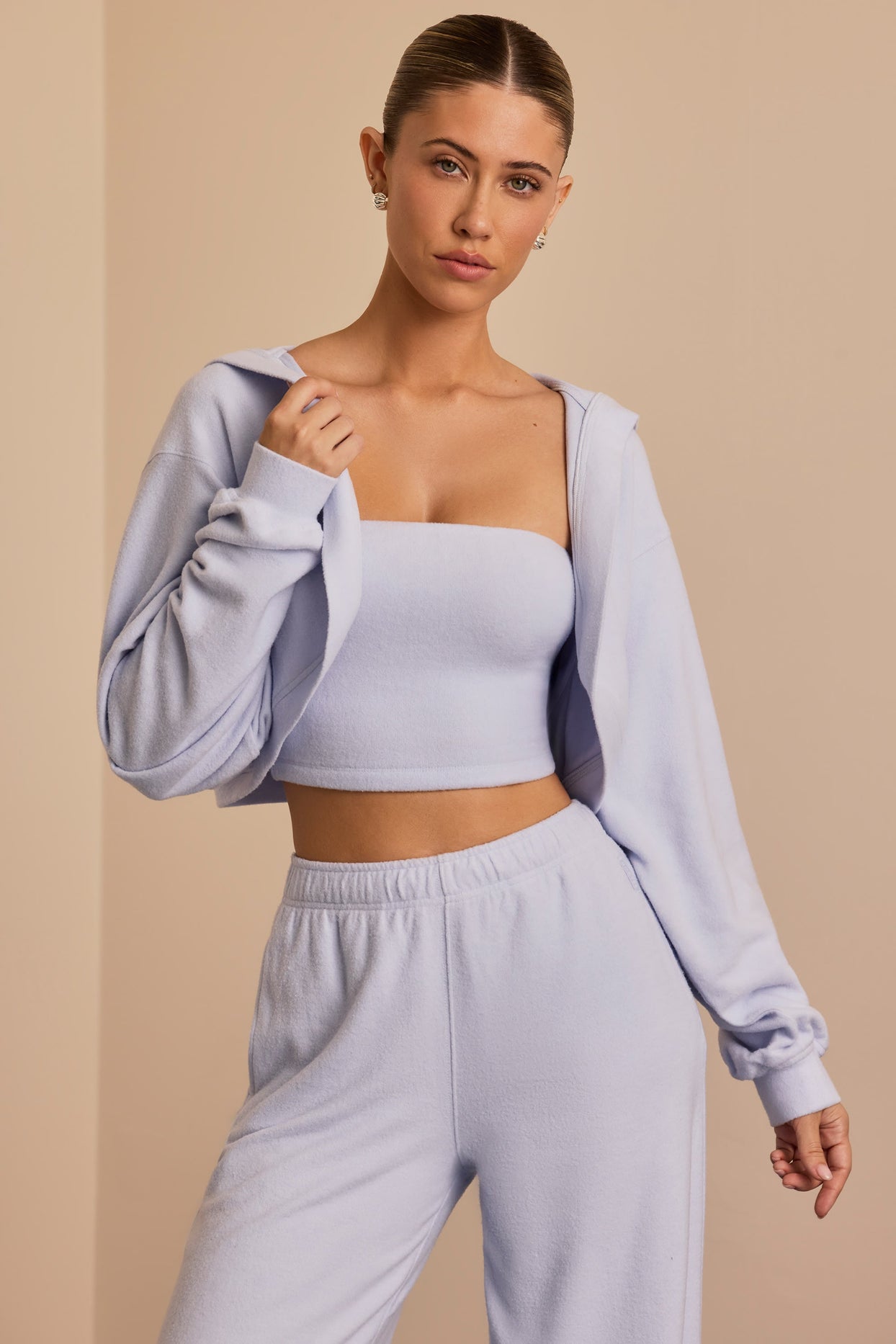 Brushed Jersey Hooded Cropped Shrug in Soft Blue