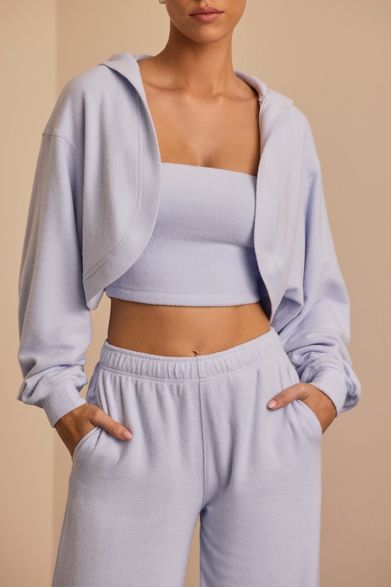 Brushed Jersey Hooded Cropped Shrug in Soft Blue