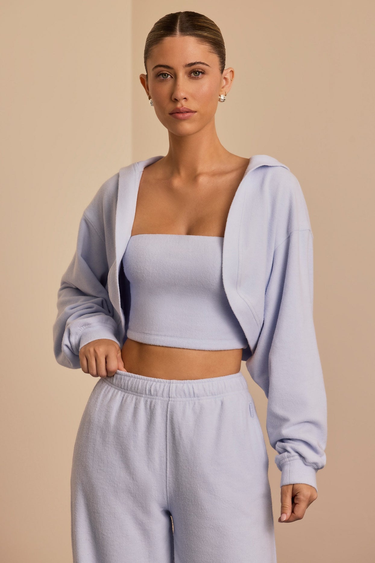 Brushed Jersey Hooded Cropped Shrug in Soft Blue