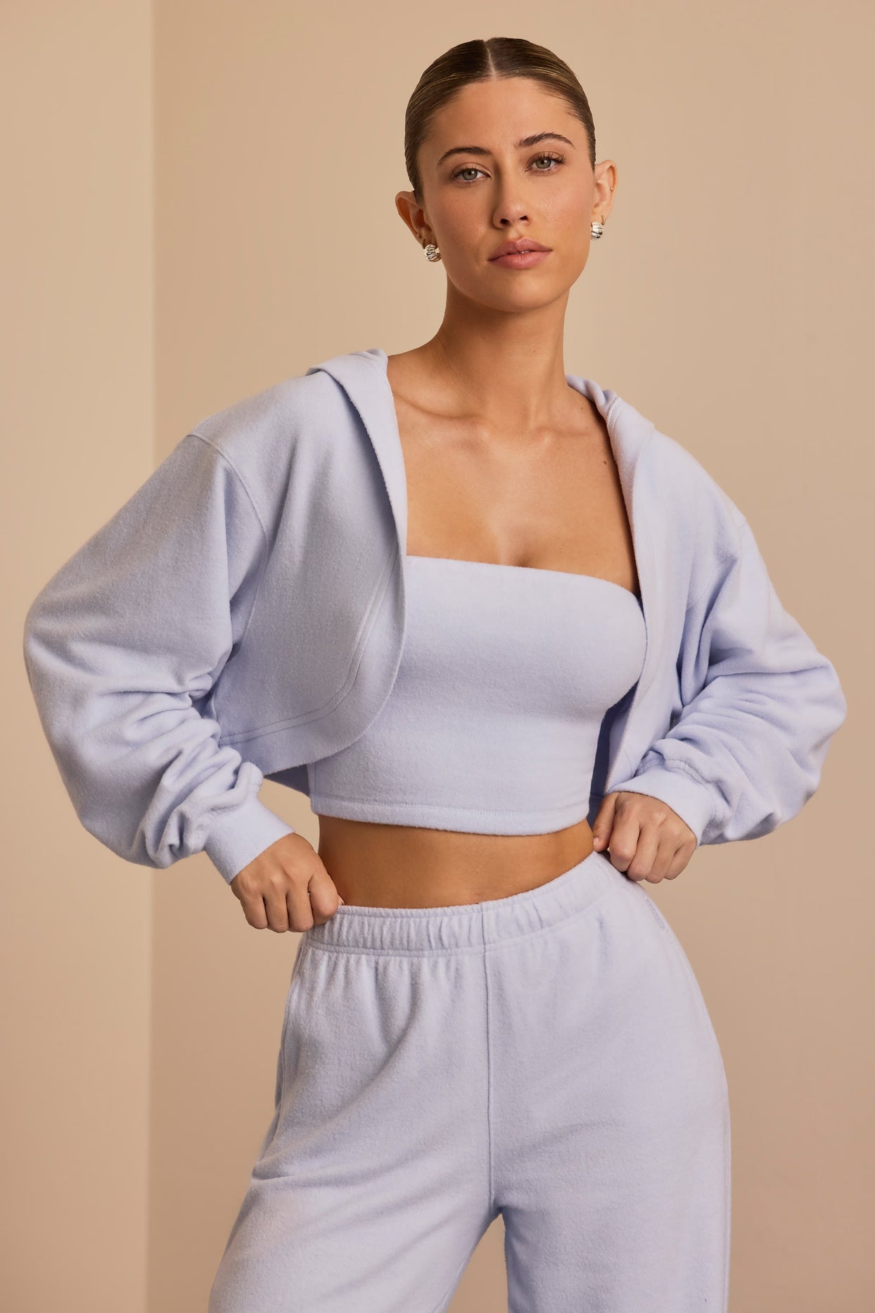 Brushed Jersey Hooded Cropped Shrug in Soft Blue