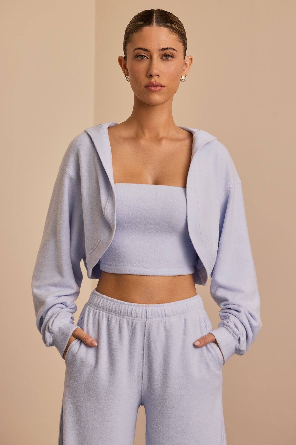 Brushed Jersey Hooded Cropped Shrug in Soft Blue