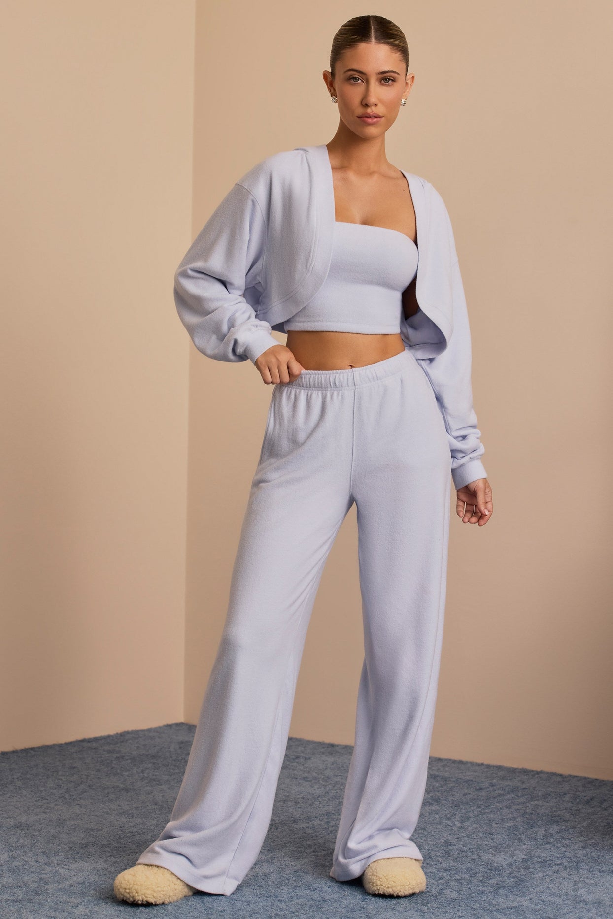 Brushed Jersey Wide-Leg Joggers in Soft Blue