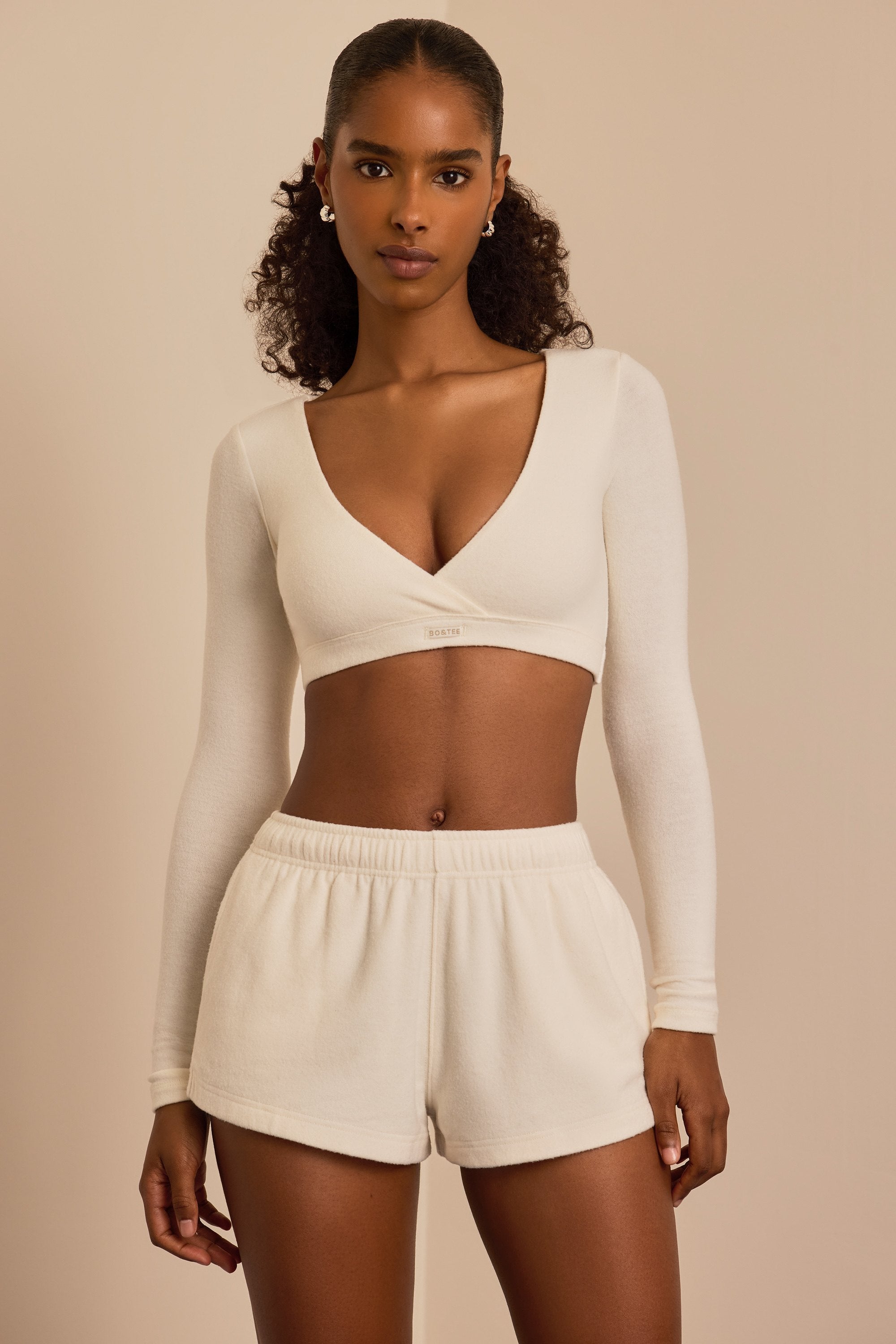 Brushed Jersey V-Neck Crop Top in Ecru