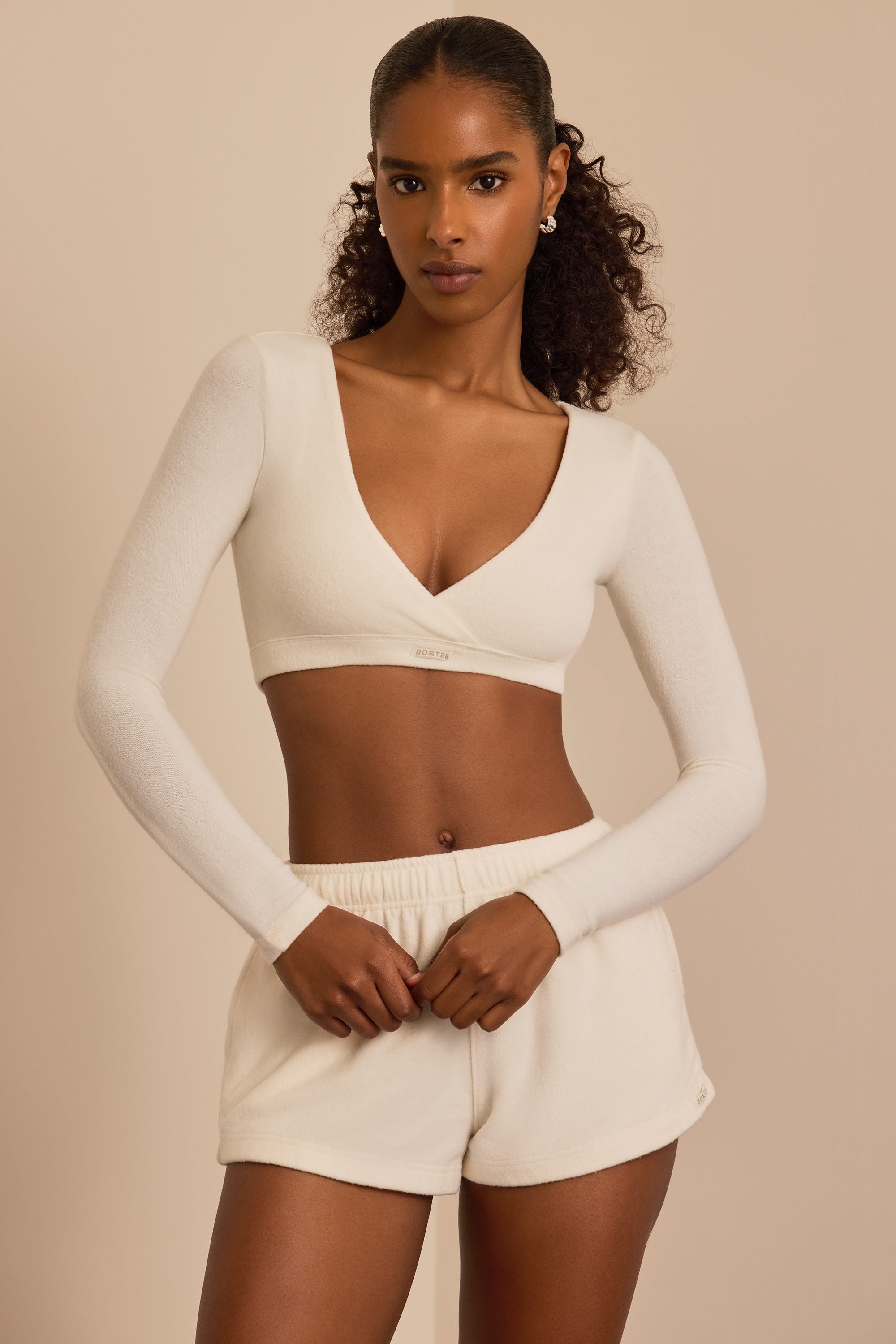 Brushed Jersey V-Neck Crop Top in Ecru