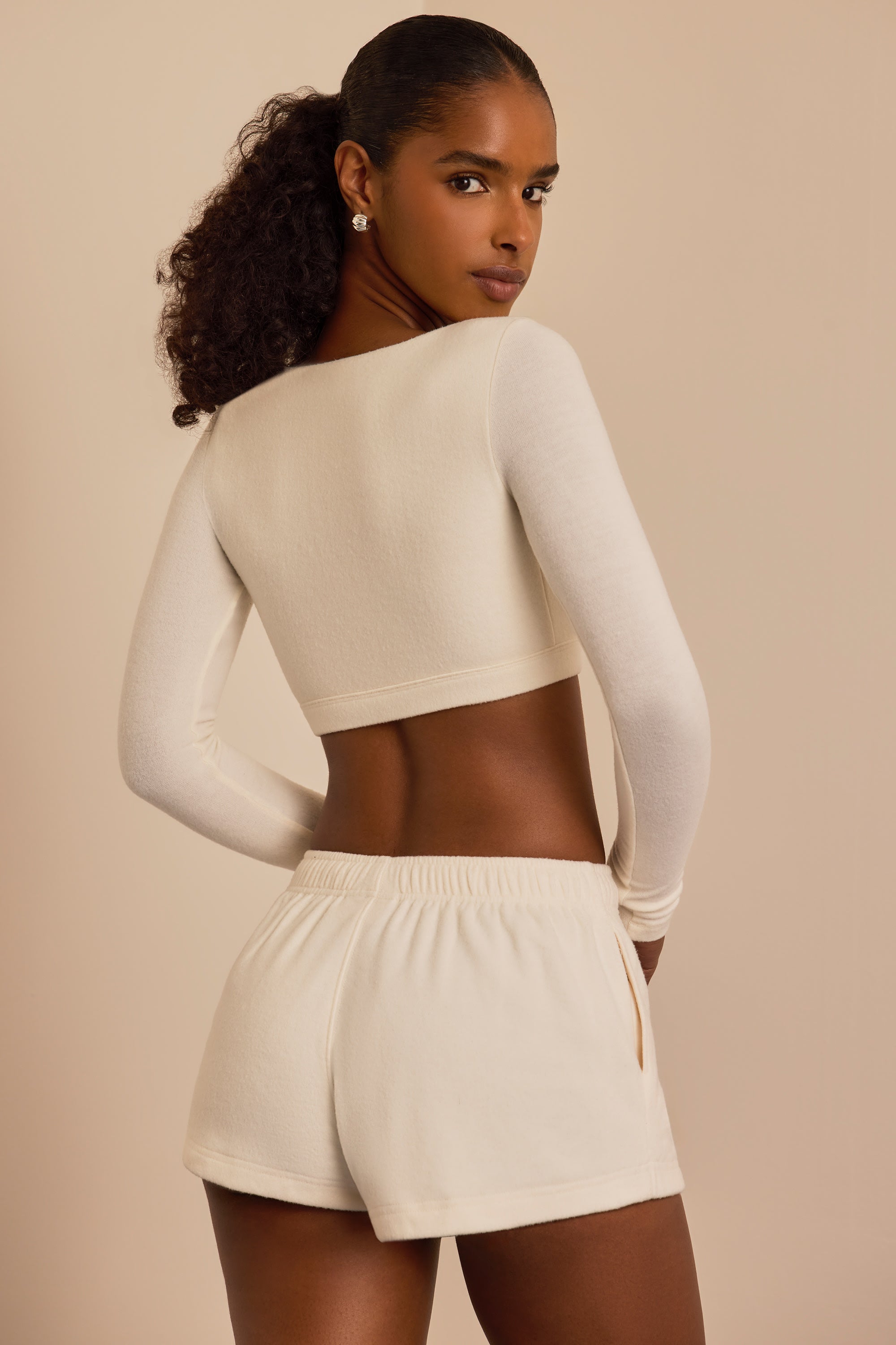 Brushed Jersey V-Neck Crop Top in Ecru