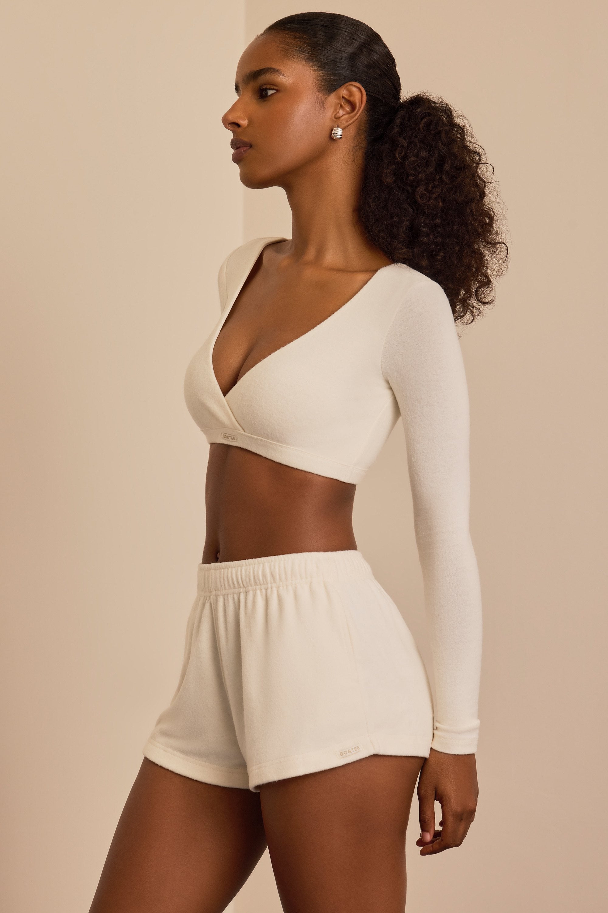 Brushed Jersey V-Neck Crop Top in Ecru