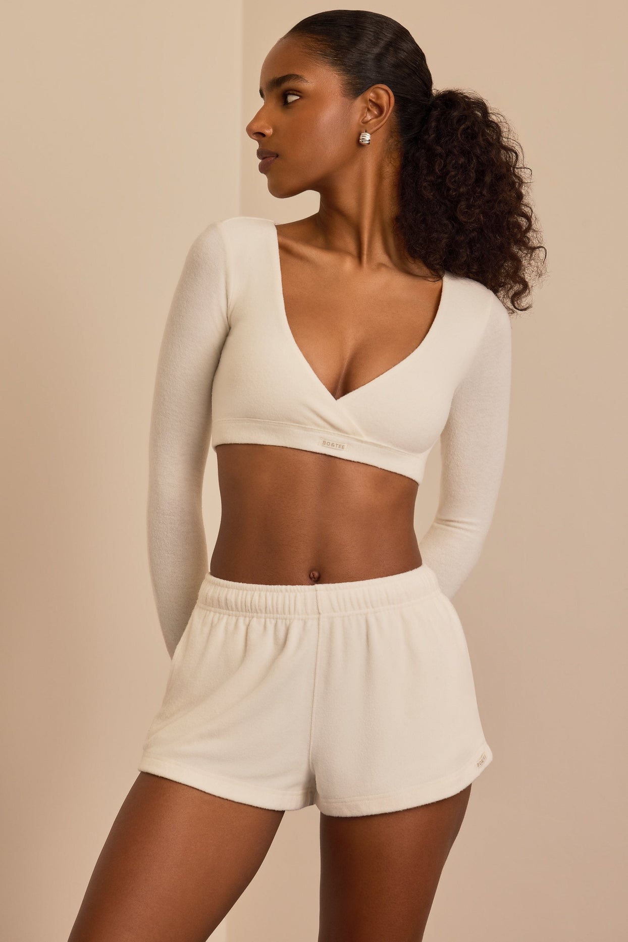 Brushed Jersey Wrap Crop Top in Ecru