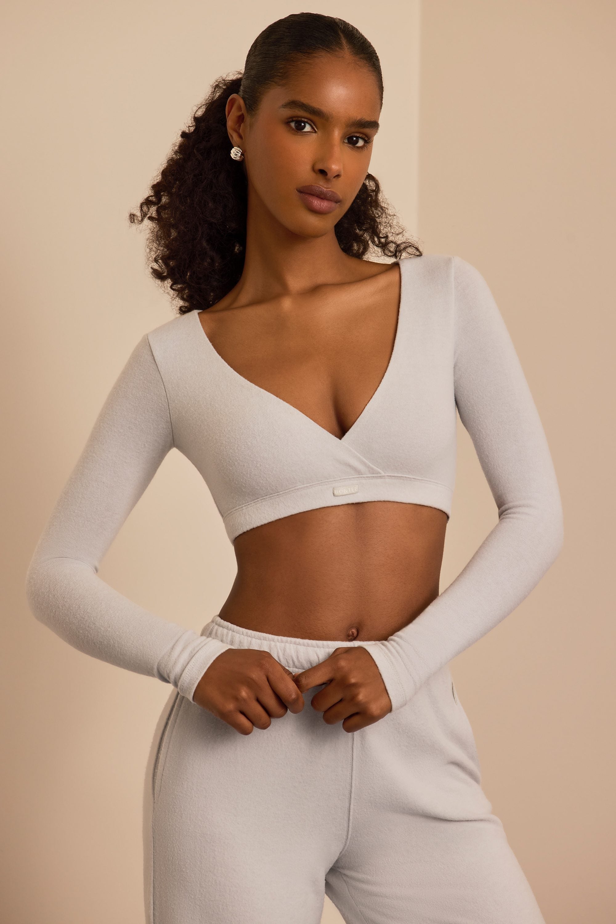 Brushed Jersey V-Neck Crop Top in Fog Grey