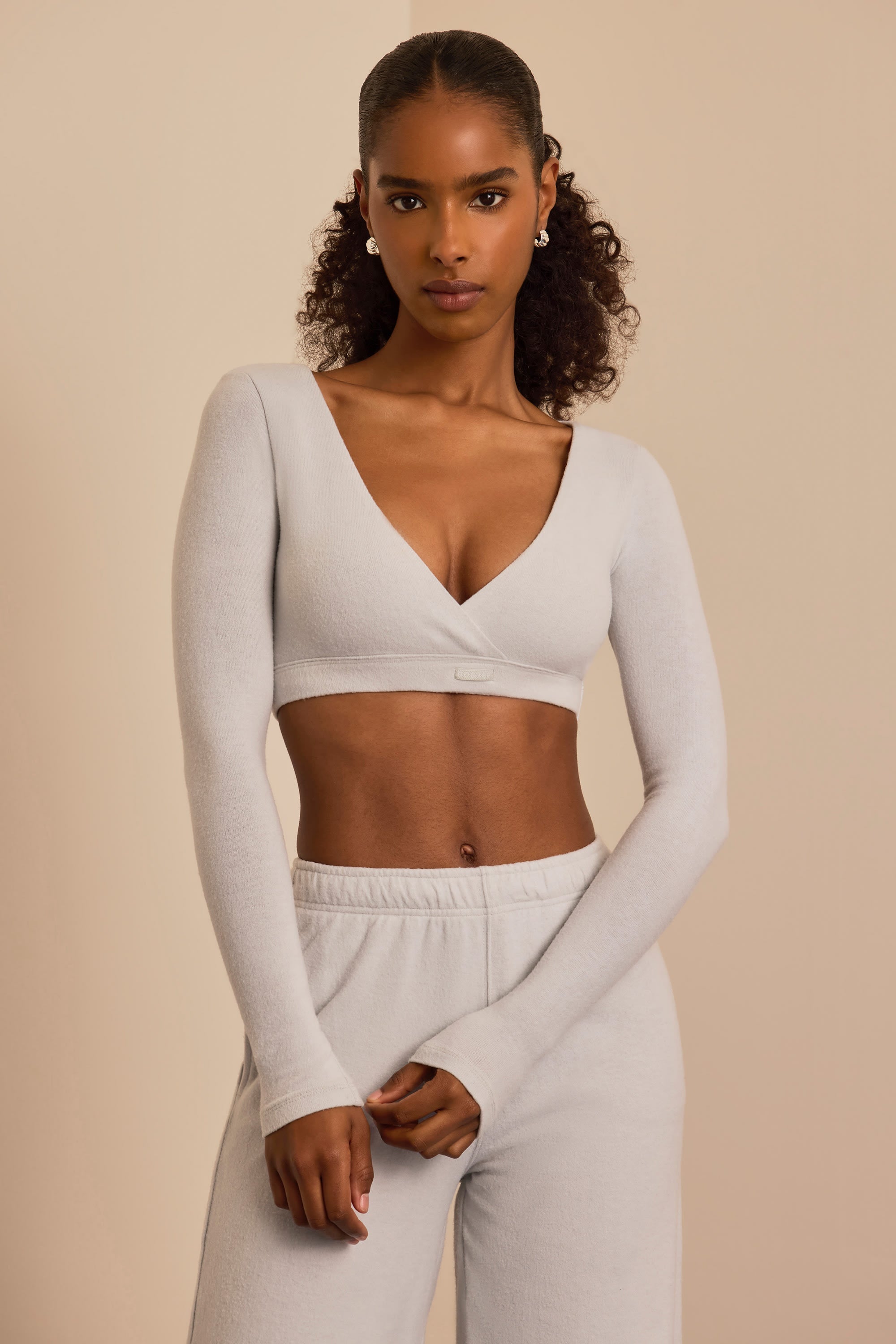 Brushed Jersey V-Neck Crop Top in Fog Grey