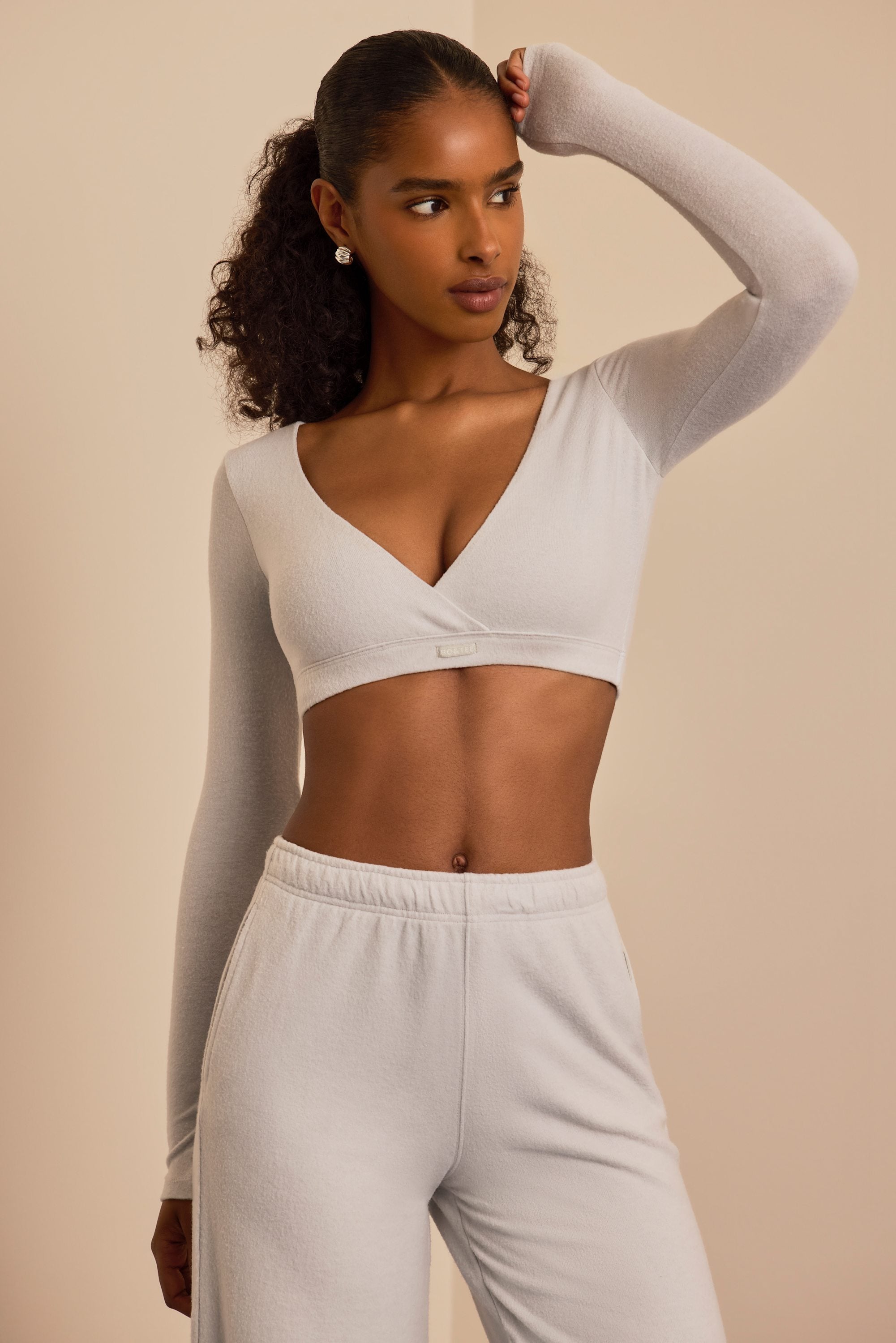 Brushed Jersey V-Neck Crop Top in Fog Grey