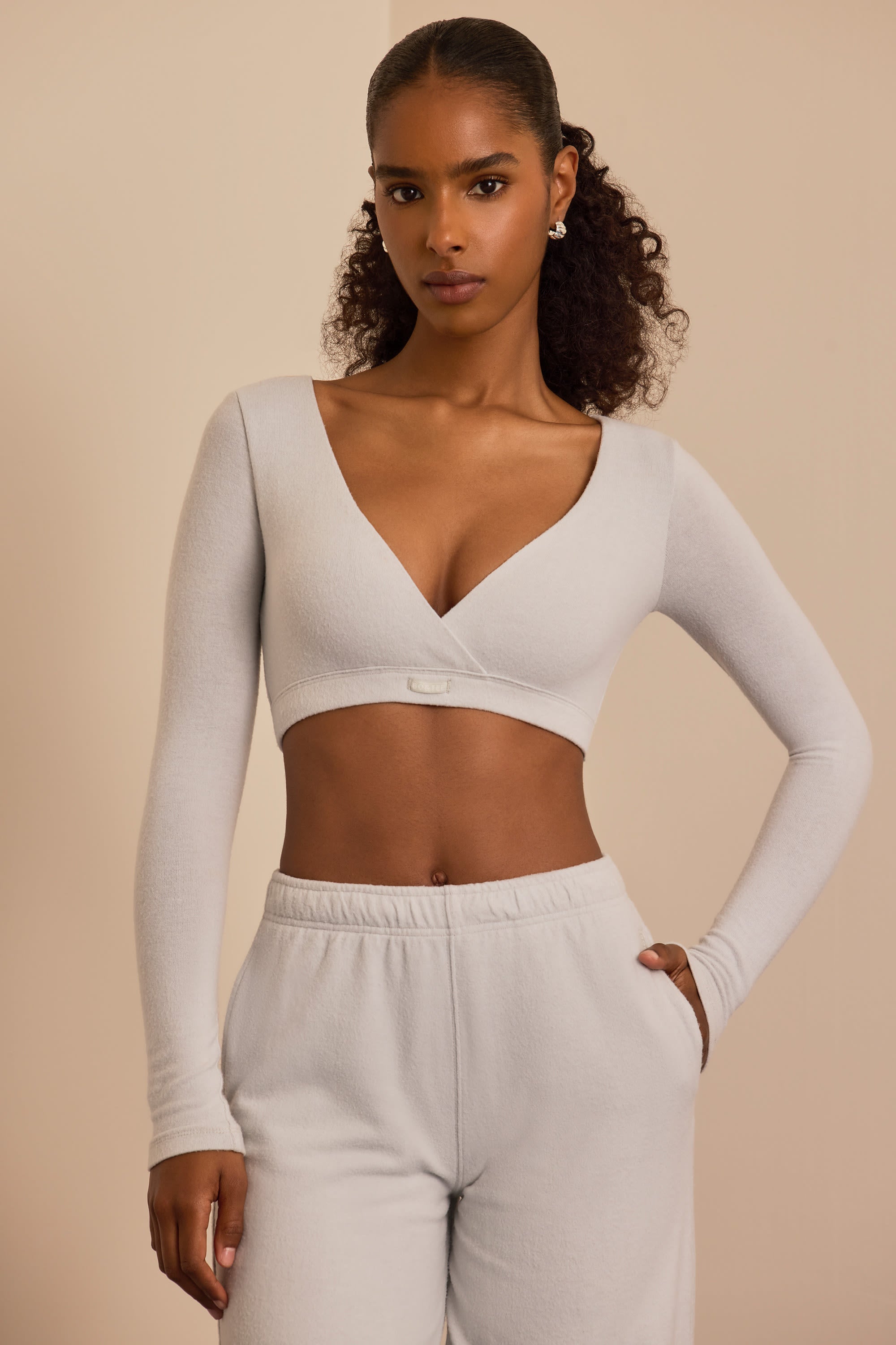 Brushed Jersey V-Neck Crop Top in Fog Grey