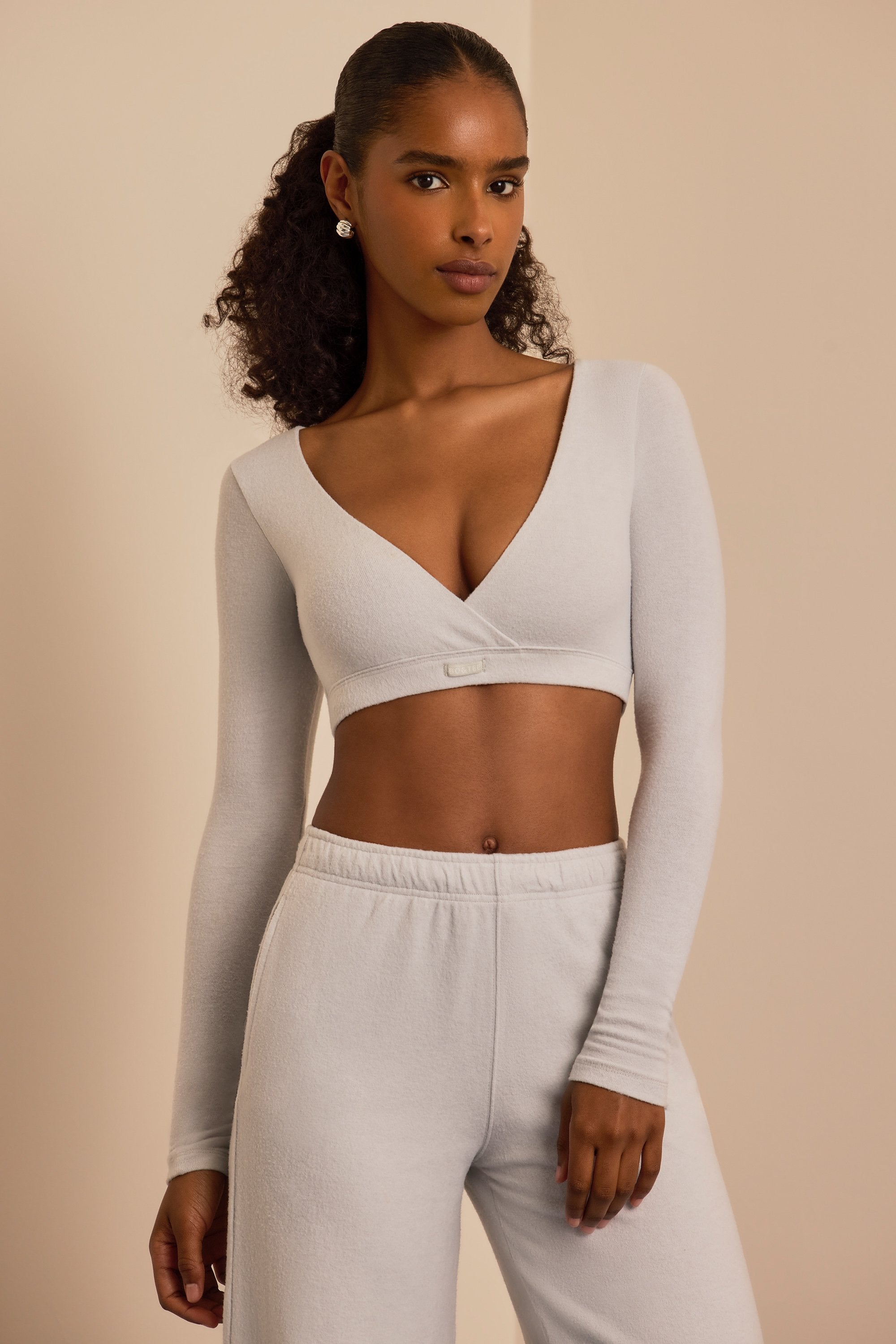 Brushed Jersey V-Neck Crop Top in Fog Grey