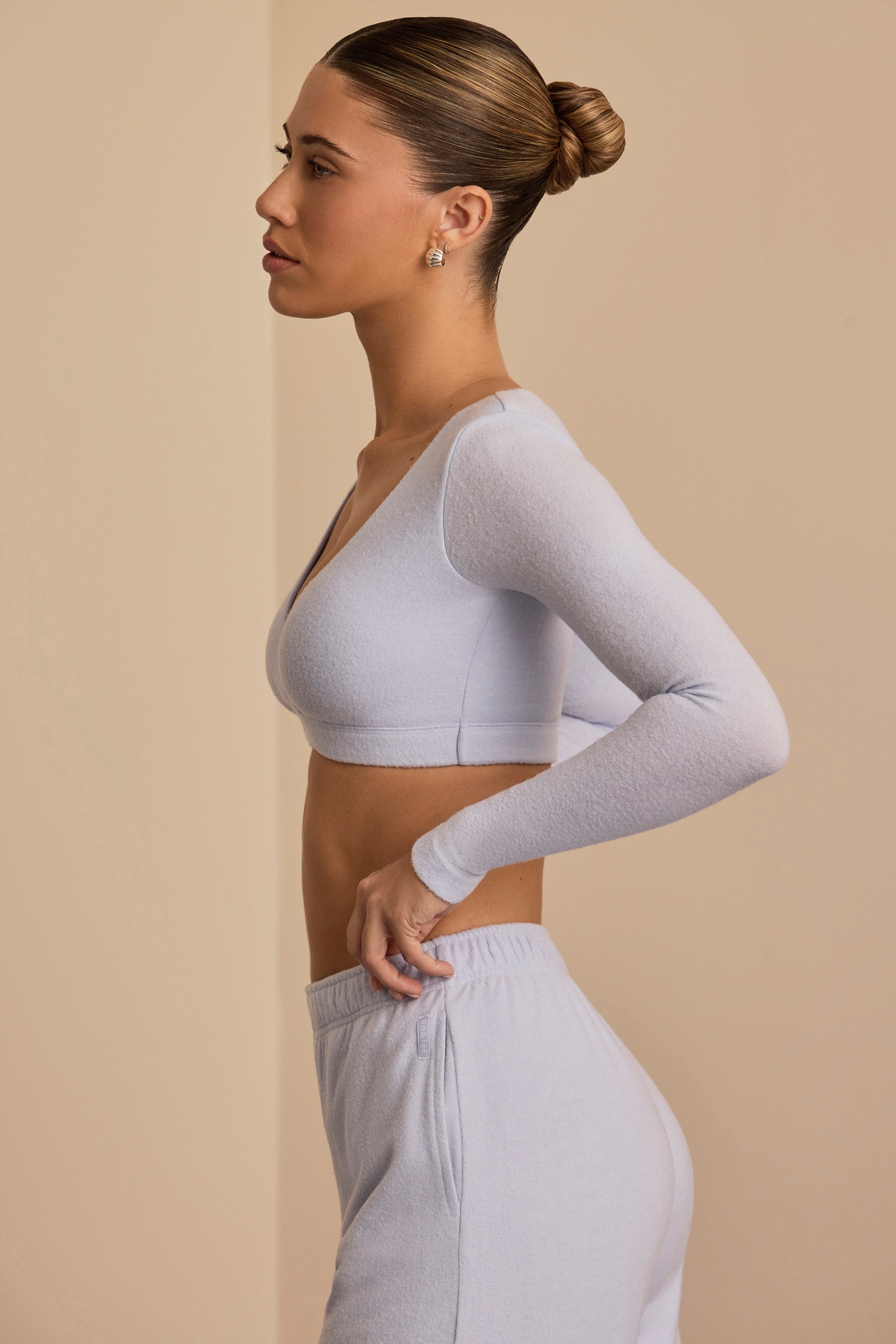 Brushed Jersey V-Neck Crop Top in Soft Blue