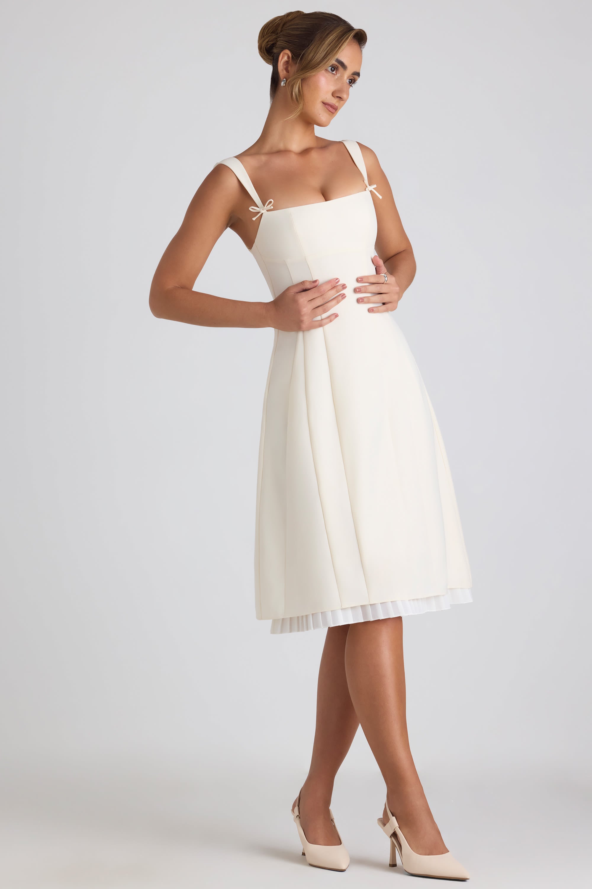 ivory a line midi dress Pleated Bustier Floral A Line Midi Dress Ivory