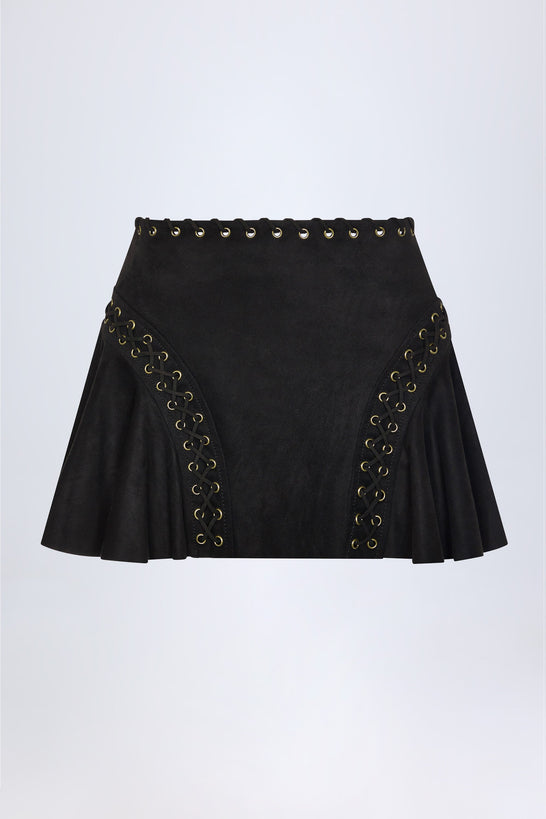 Lace-Up Mid-Rise Mini Skirt in Black