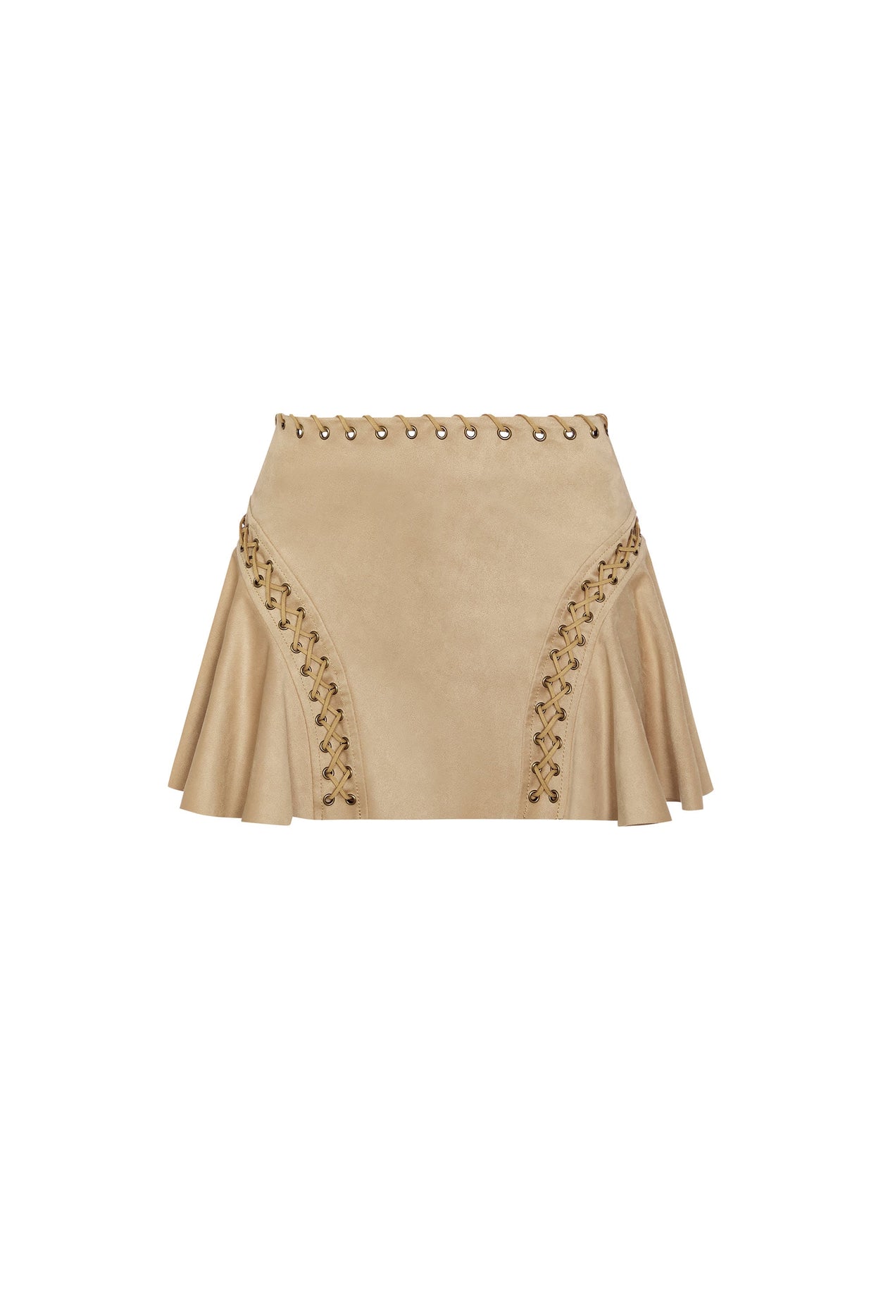 Lace-Up Mid-Rise Mini Skirt in Tan