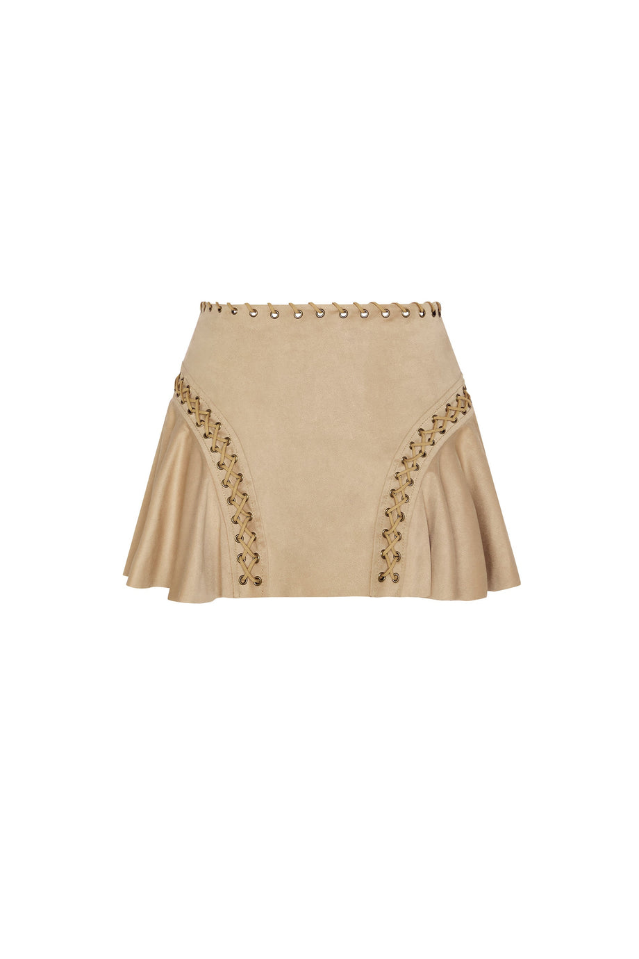 Lace-Up Mid-Rise Mini Skirt in Tan
