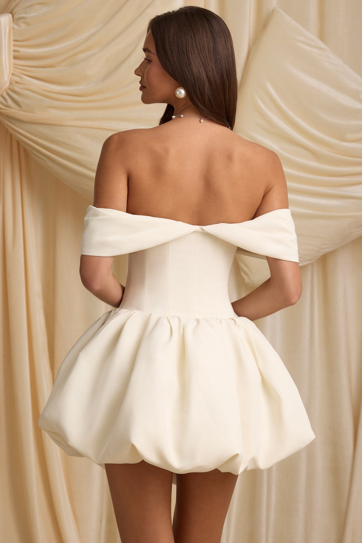 Off-Shoulder Layered Bubble Hem Corset Mini Dress in Ivory