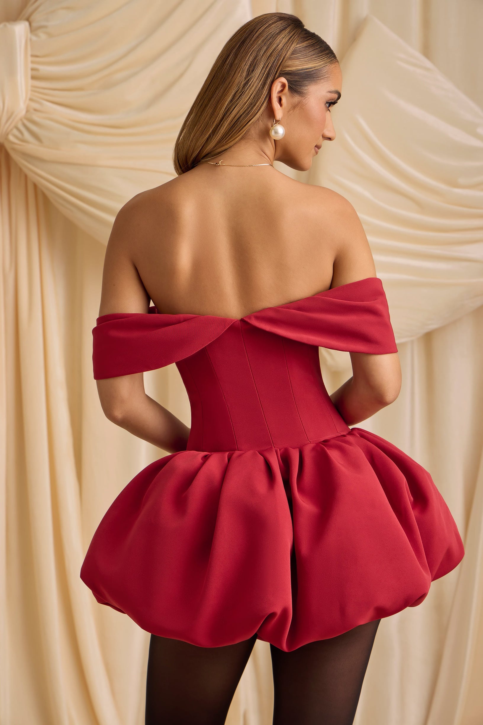 Off-Shoulder Layered Bubble Hem Corset Mini Dress in True Red - 2