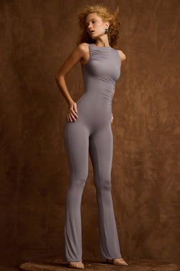 Asymmetric Ruched Flared Jumpsuit in Steel Grey