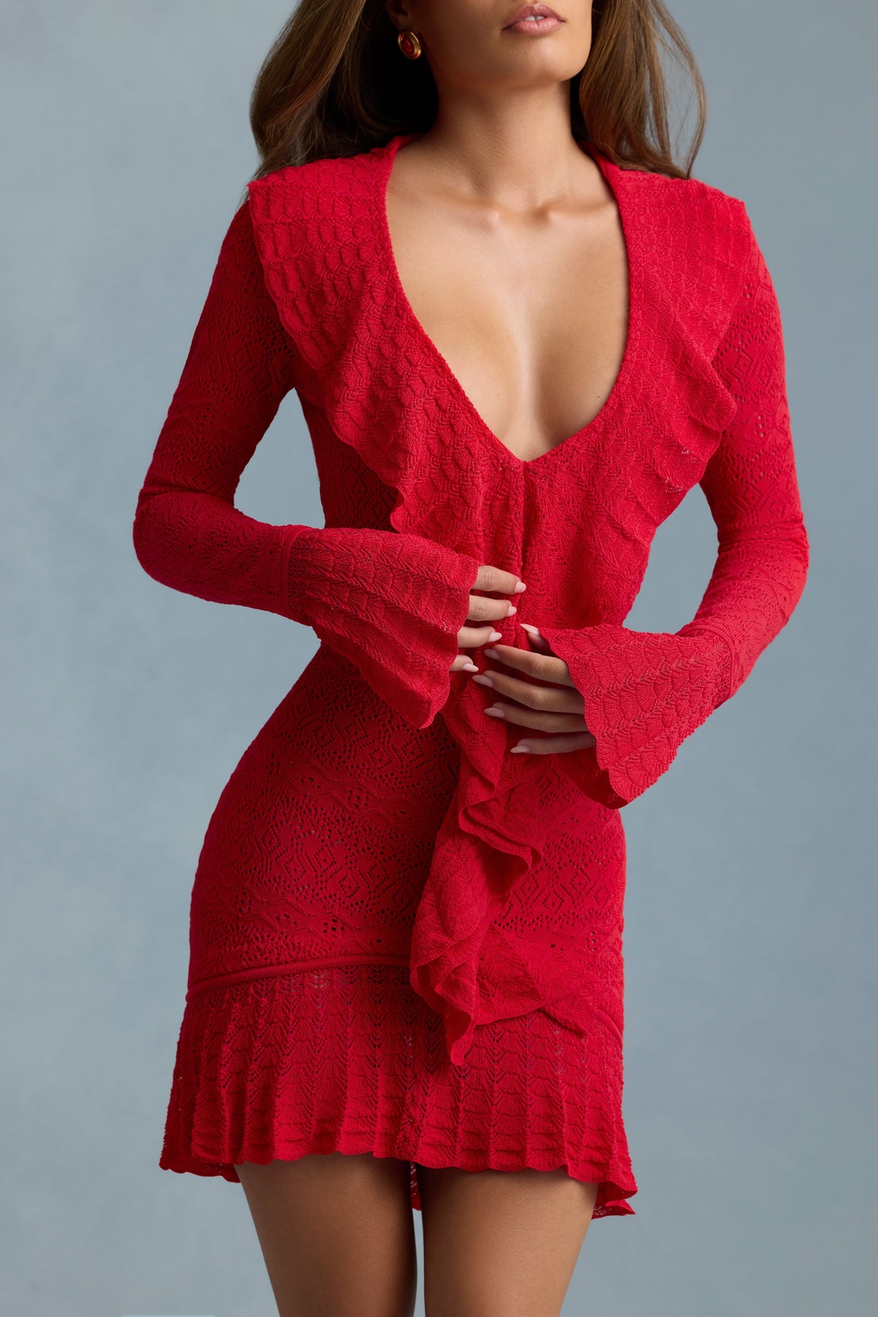 Jolessa Ruffle-Trim Pointelle-Knit Mini Dress in Scarlet Red | Oh Polly Jolessa Ruffle-Trim Pointelle-Knit Mini Dress in Scarlet Red | Oh Polly