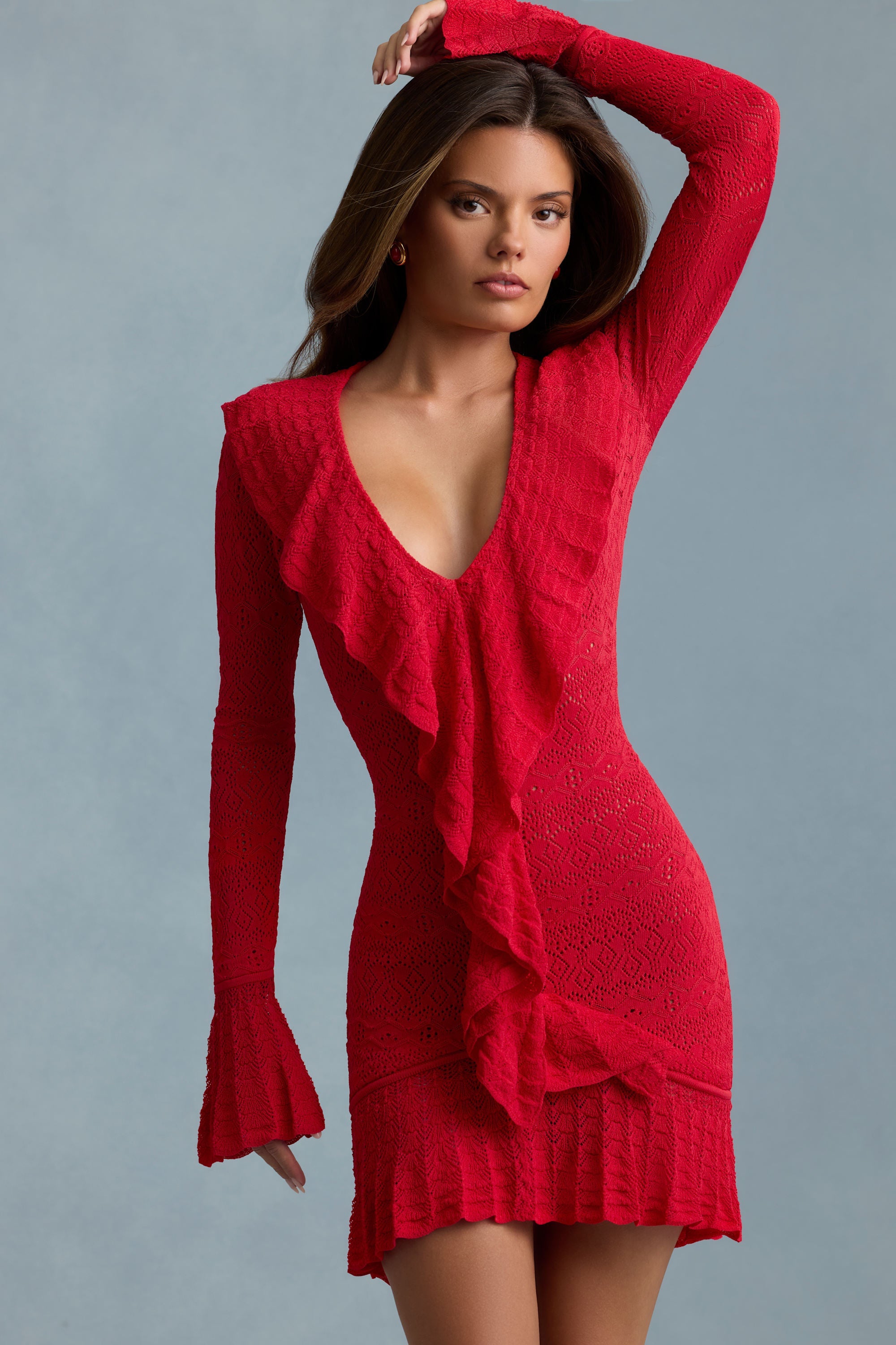 Jolessa Ruffle-Trim Pointelle-Knit Mini Dress in Scarlet Red | Oh