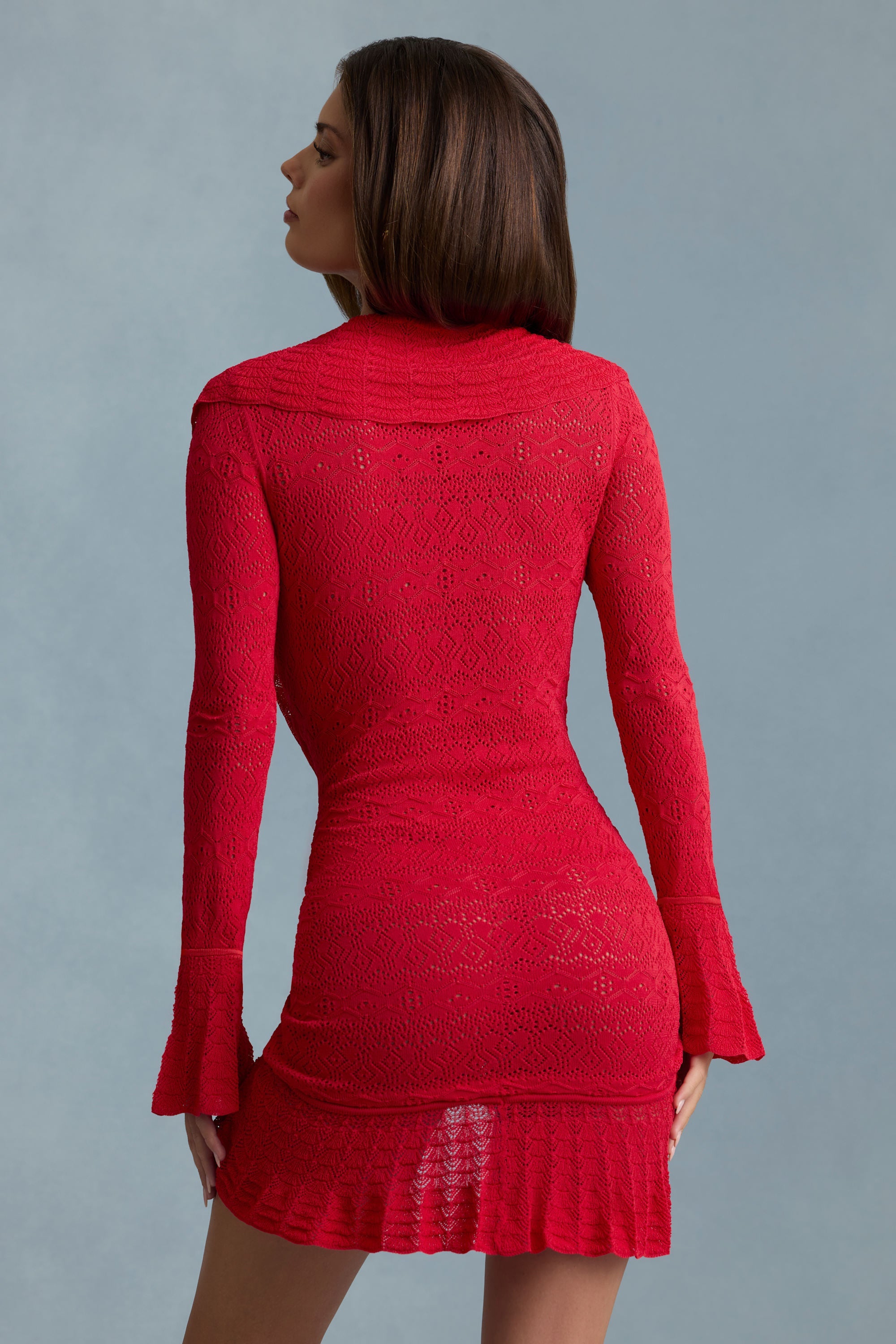 Jolessa Ruffle-Trim Pointelle-Knit Mini Dress in Scarlet Red | Oh