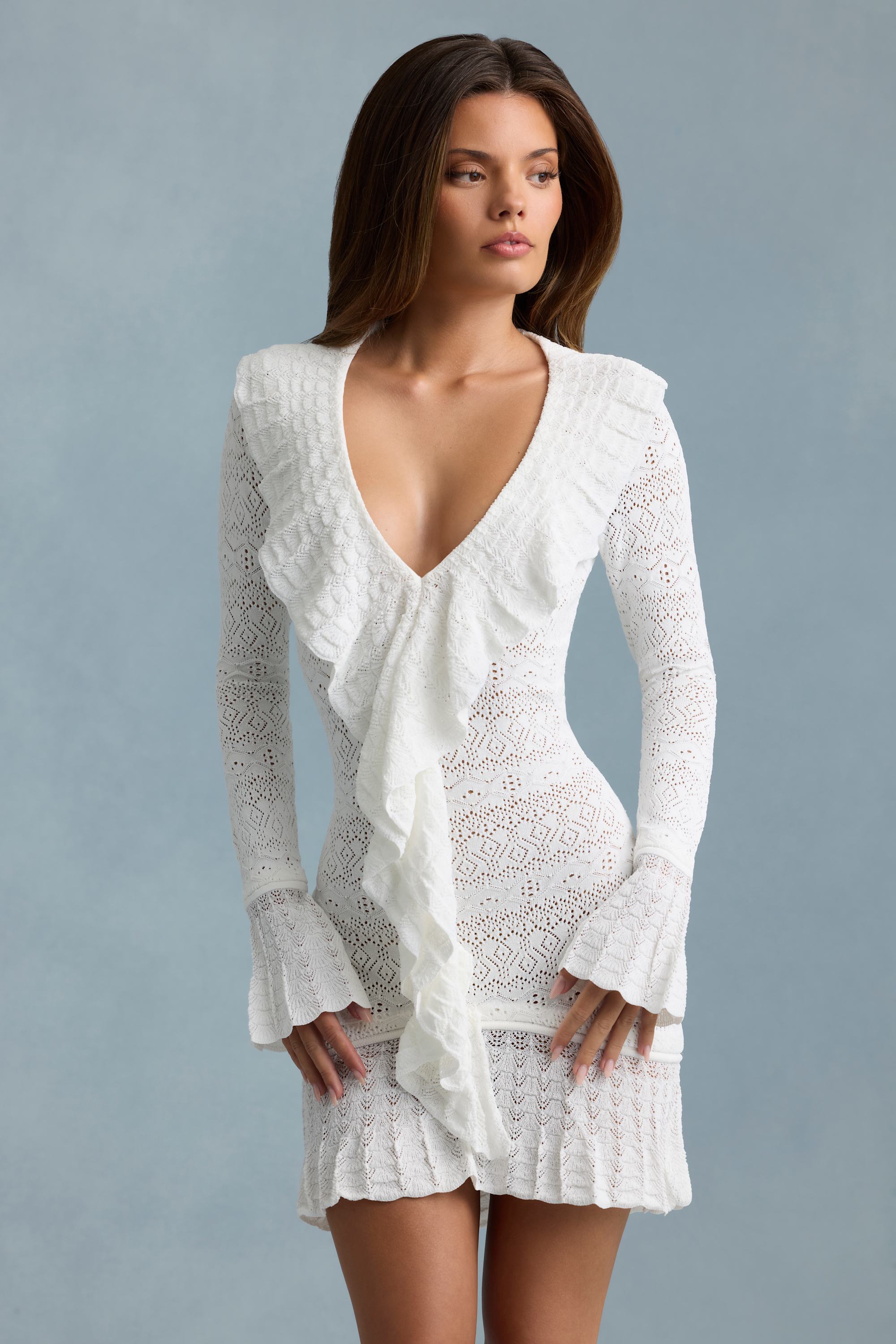Jolessa Ruffle-Trim Pointelle-Knit Mini Dress in White | Oh Polly Jolessa Ruffle-Trim Pointelle-Knit Mini Dress in White | Oh Polly