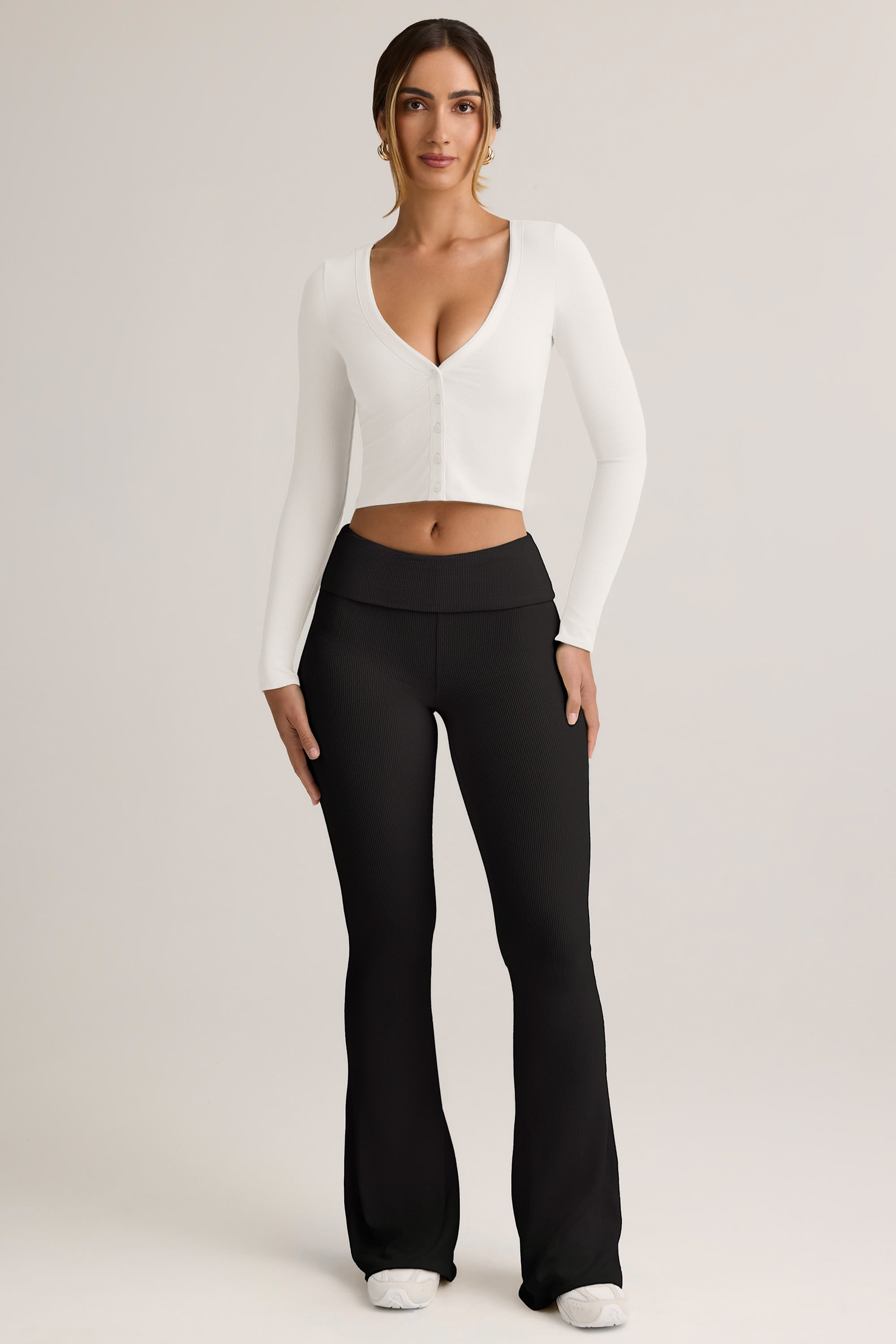 Modal Ribbed Foldover Flared Trousers in Black