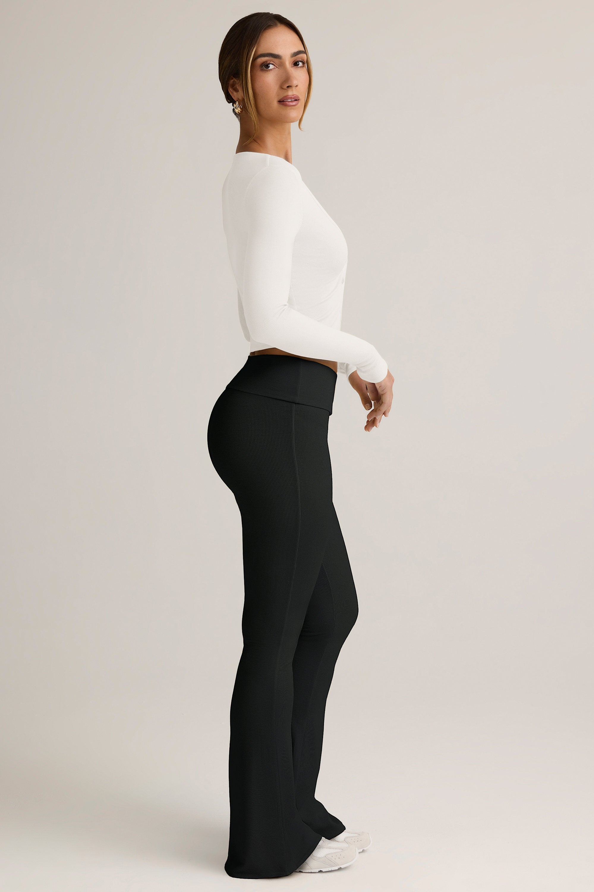 Modal Ribbed Foldover Flared Trousers in Black