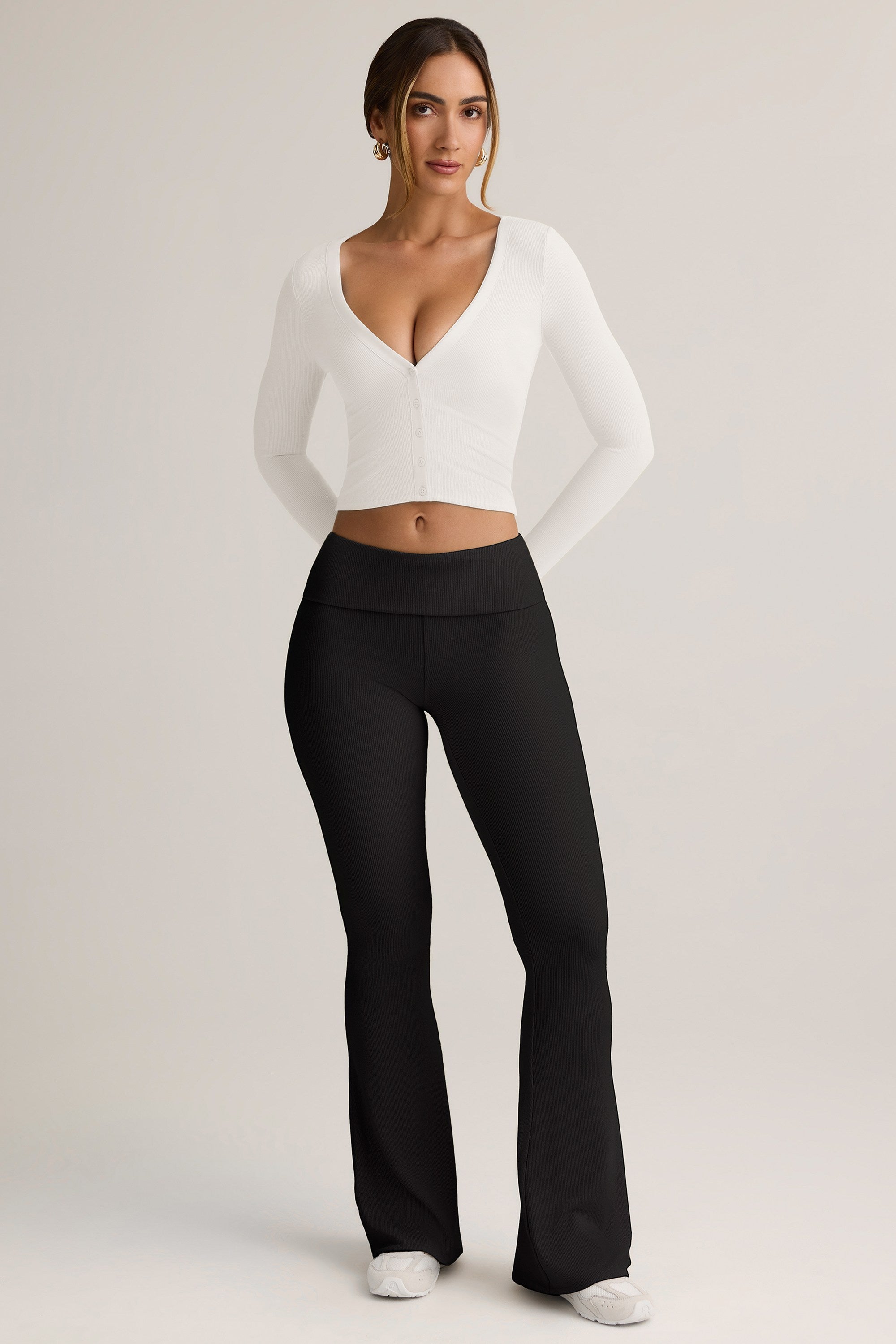 Modal Ribbed Foldover Flared Trousers in Black