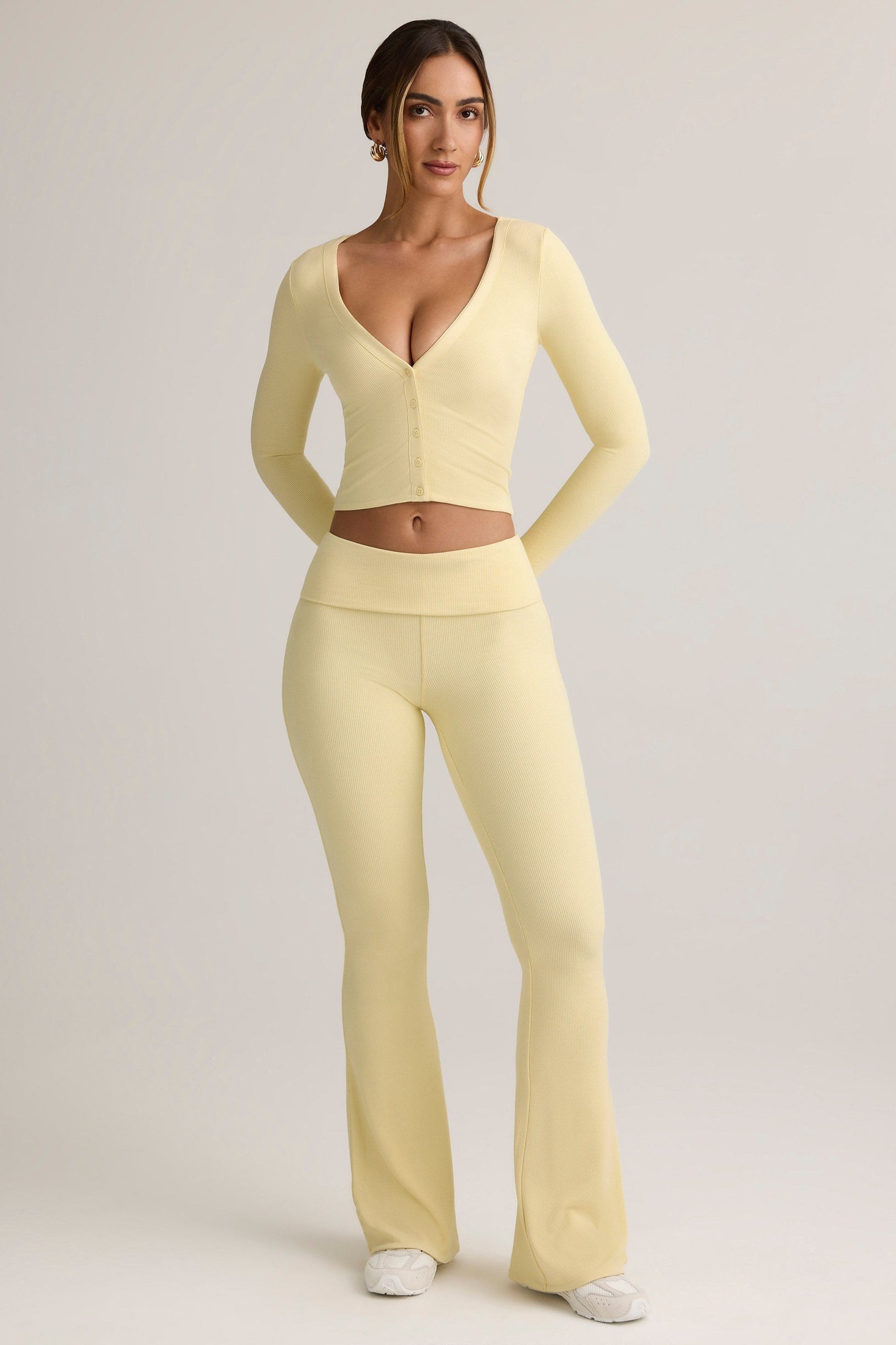 Modal Ribbed Foldover Flared Trousers in Buttercream Yellow - 1