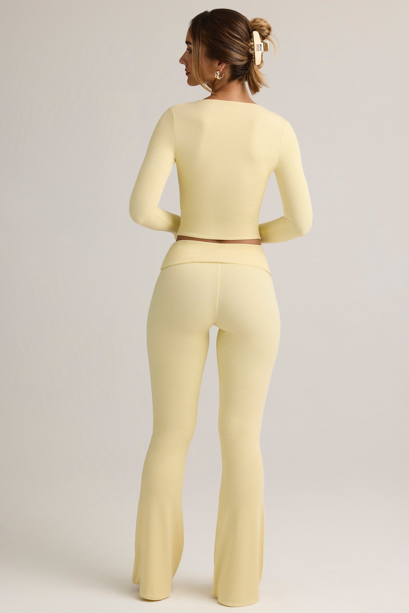 Modal Ribbed Foldover Flared Trousers in Buttercream Yellow - 2