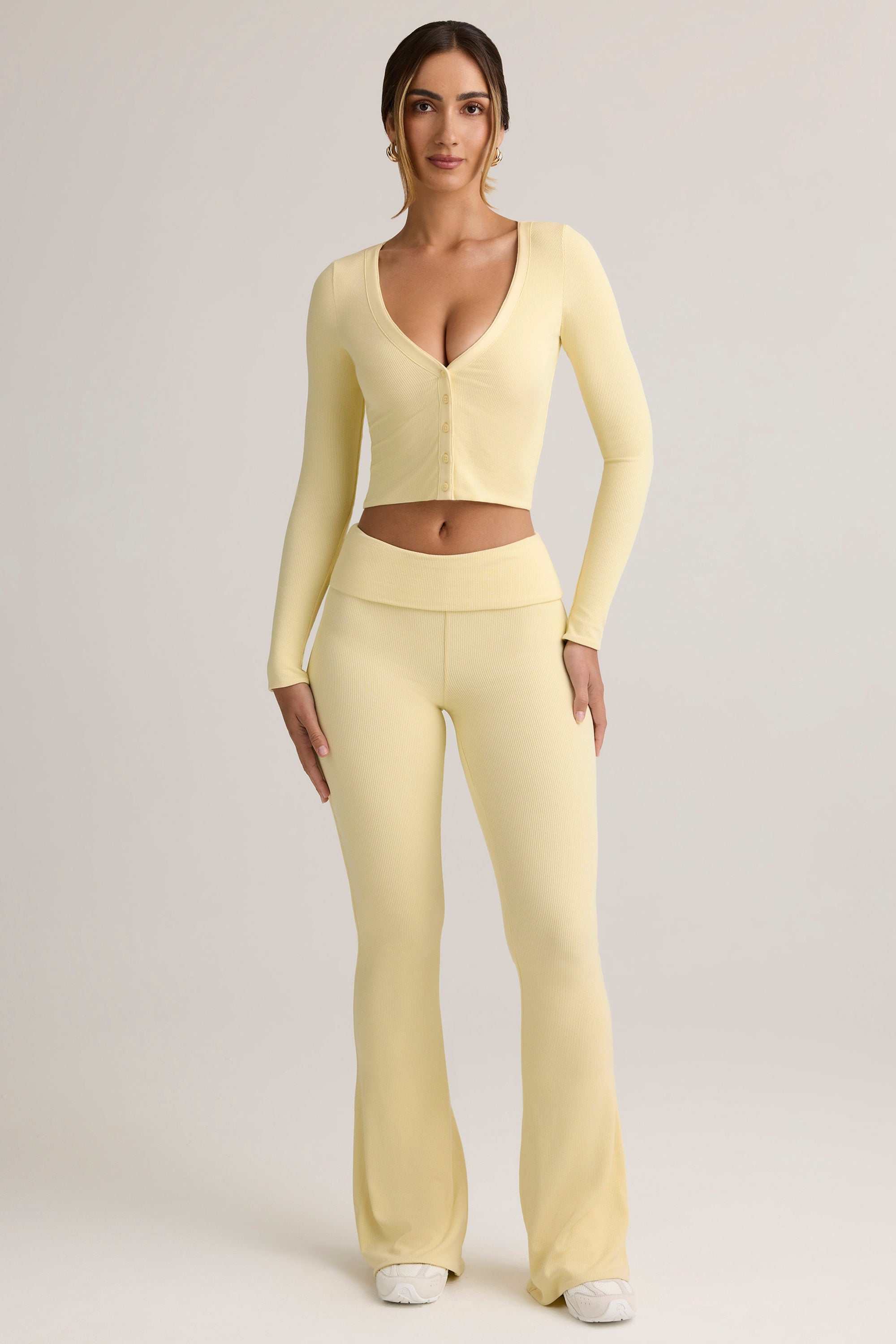 Modal Ribbed Foldover Flared Trousers in Buttercream Yellow