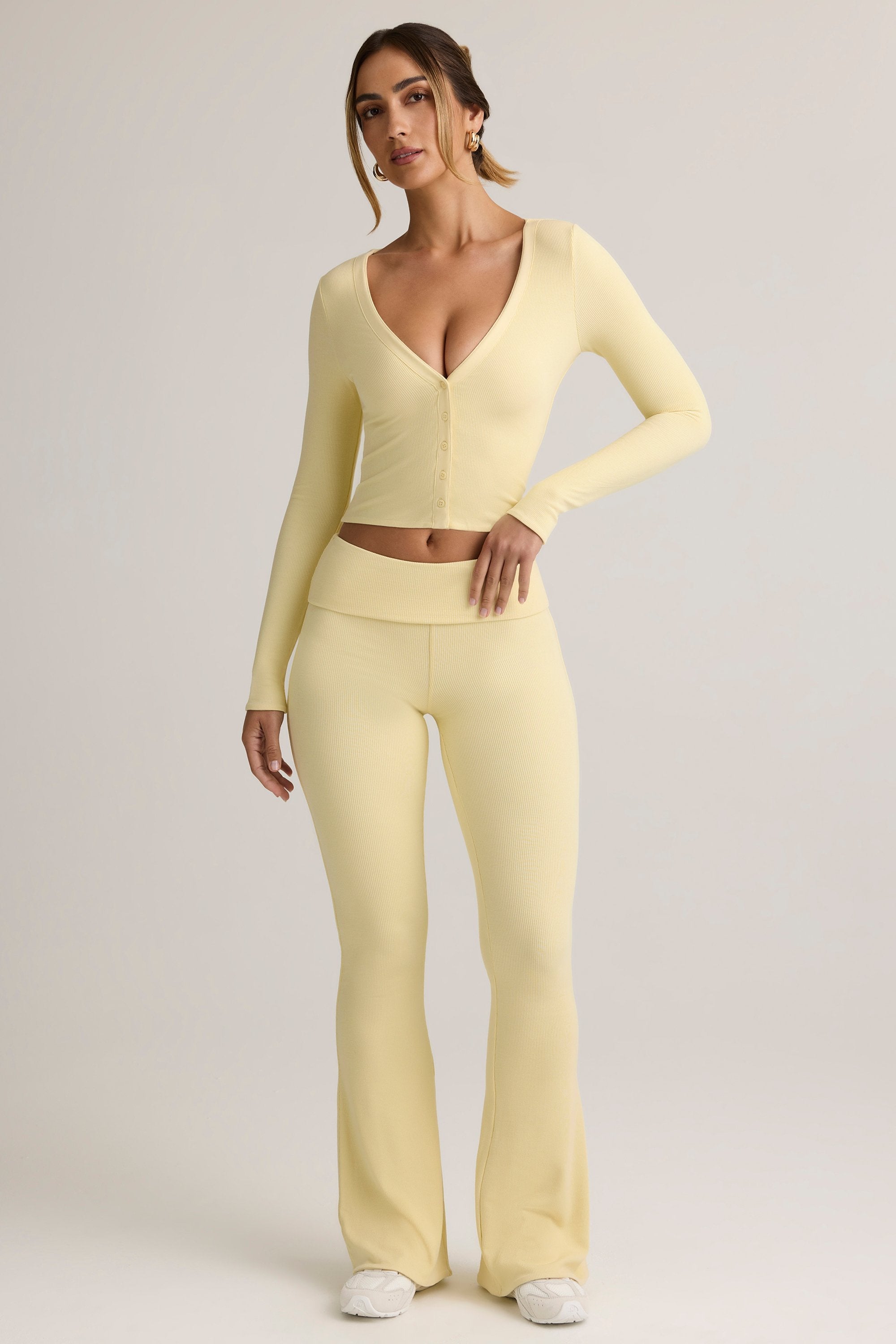 Modal Ribbed Foldover Flared Trousers in Buttercream Yellow