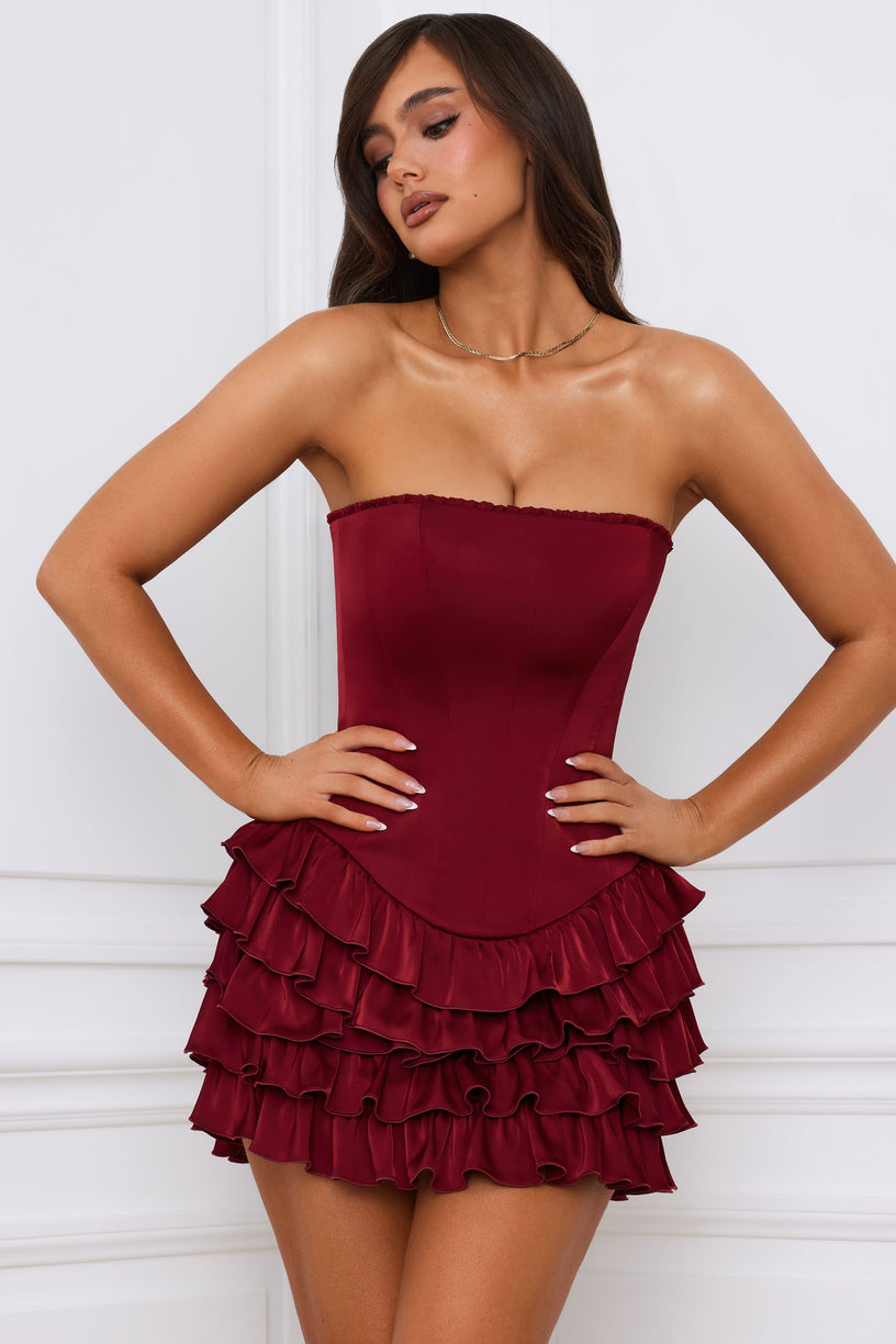Bandeau Ruffled Tiered Corset Mini Dress in Berry Red - 1