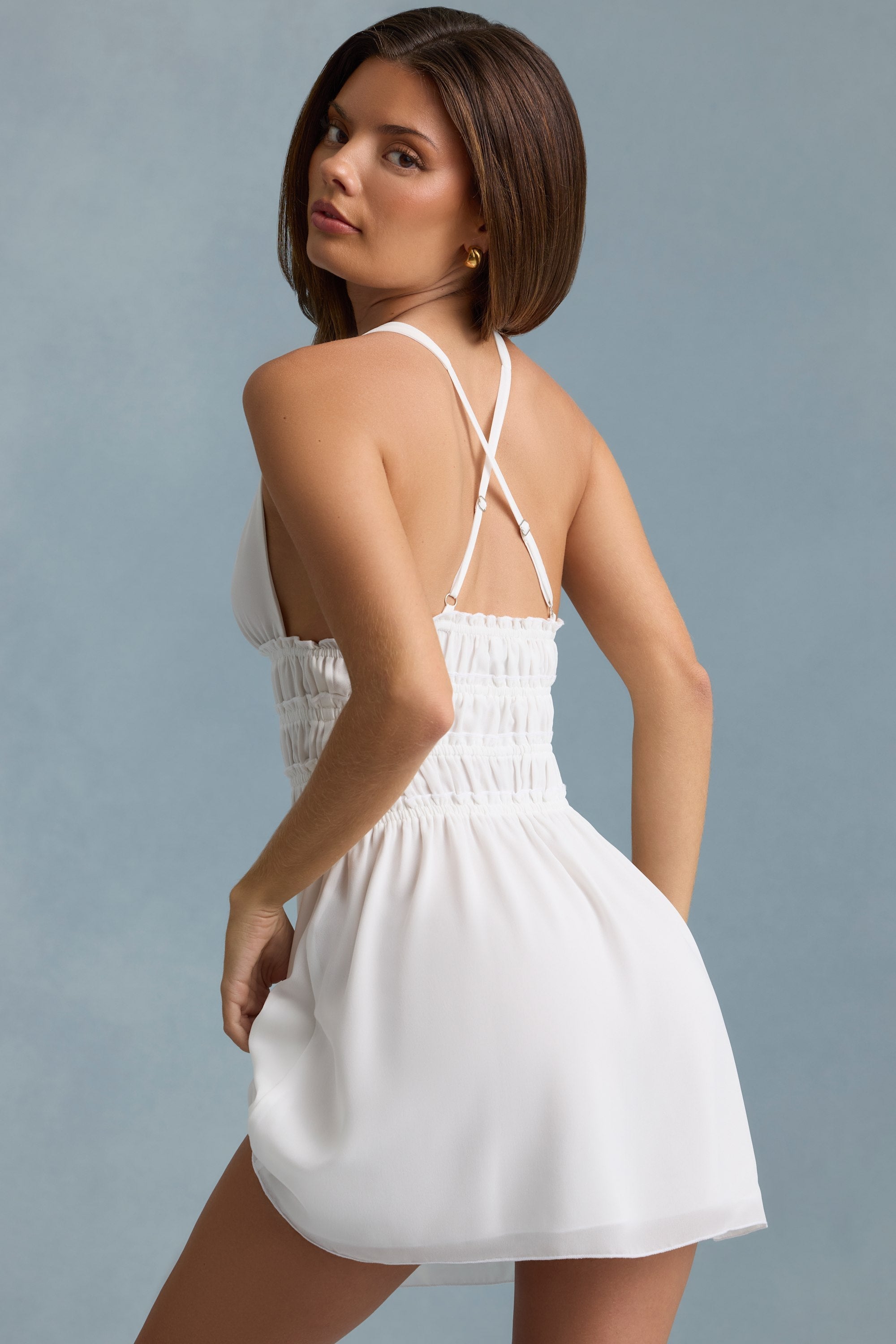 Kaelis Plunge Cross-Back Mini Dress in White | Oh Polly