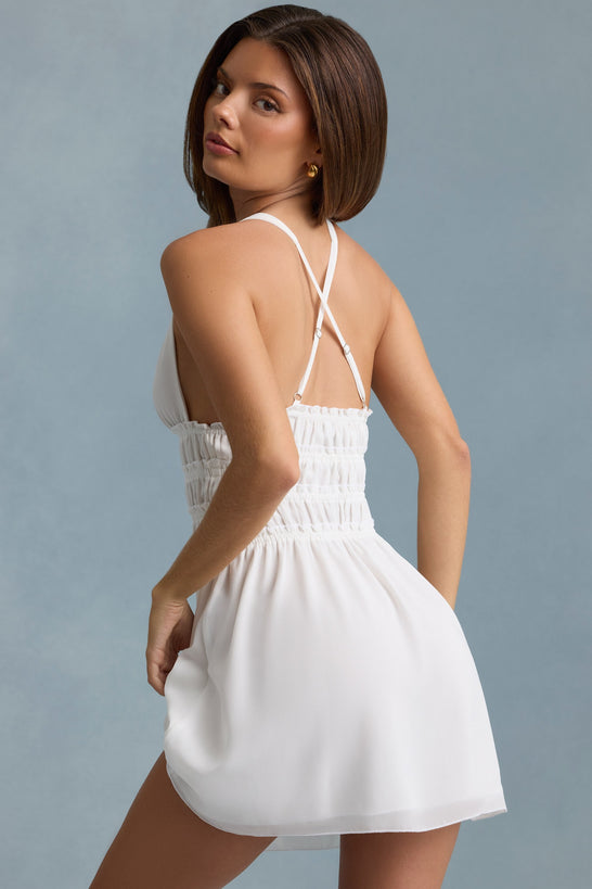 Plunge Cross-Back Mini Dress in White